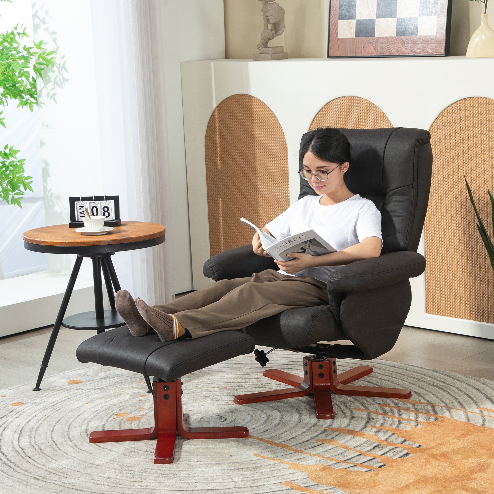 HOMCOM Faux Microfibre Leather Manual Recliner and Footstool Set - Black - North Peak Garden Furniture