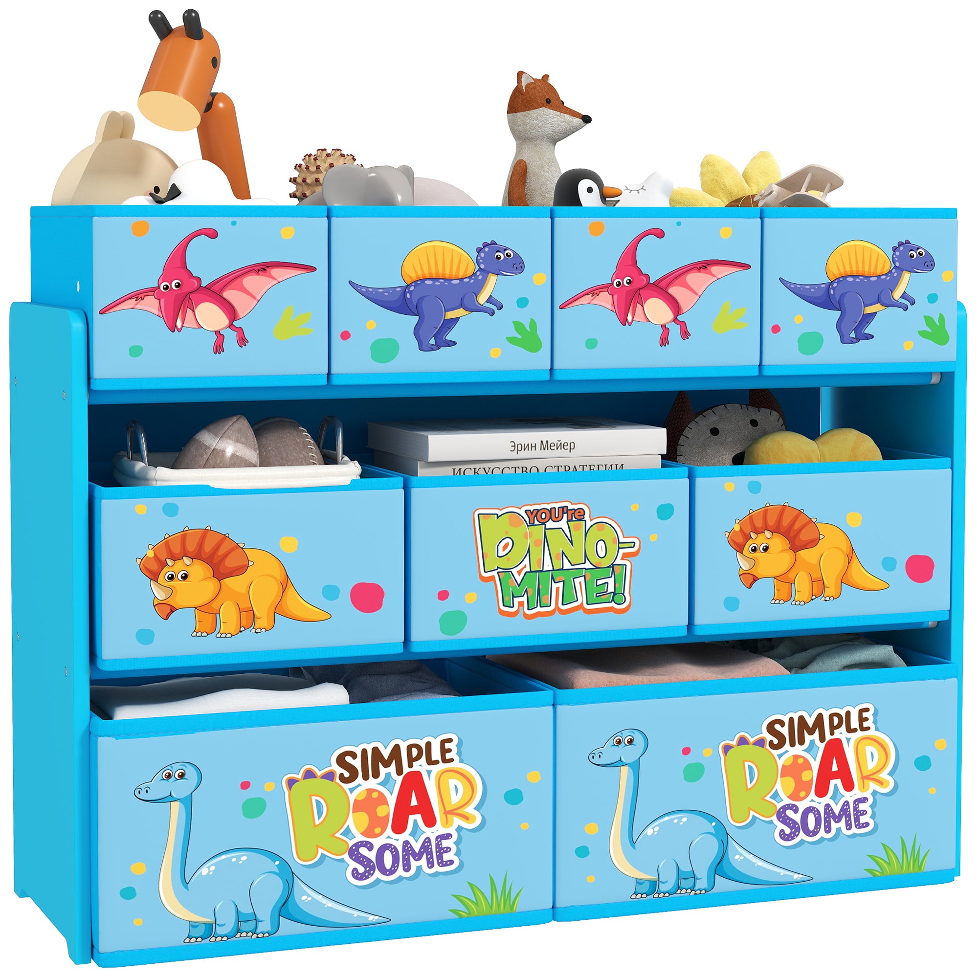 AIYAPLAY 3-Tier Kids Storage Unit with 9 Non-Woven Fabric Boxes for Toys, Books for Bedroom, Nursery, Blue - North Peak Garden Furniture