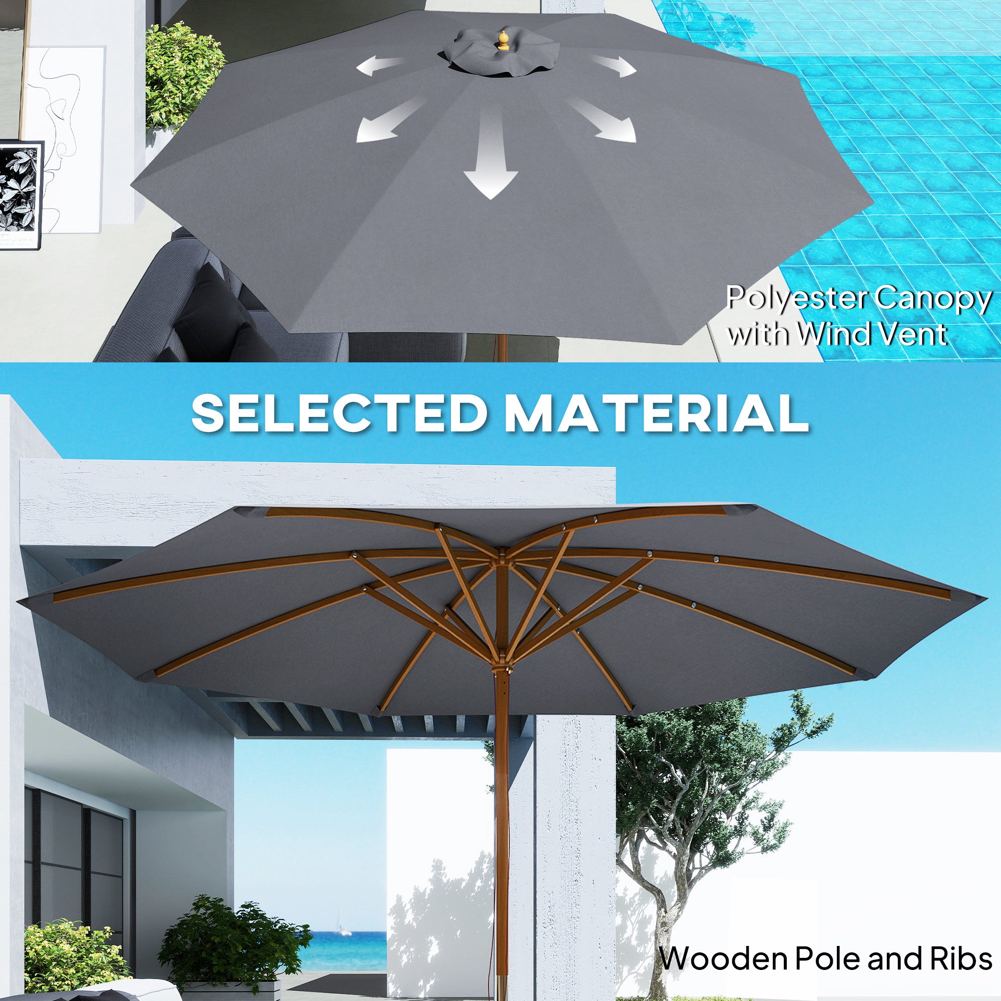 Outsunny 3m Wood Pole Parasol Umbrella - Grey - North Peak Garden Furniture