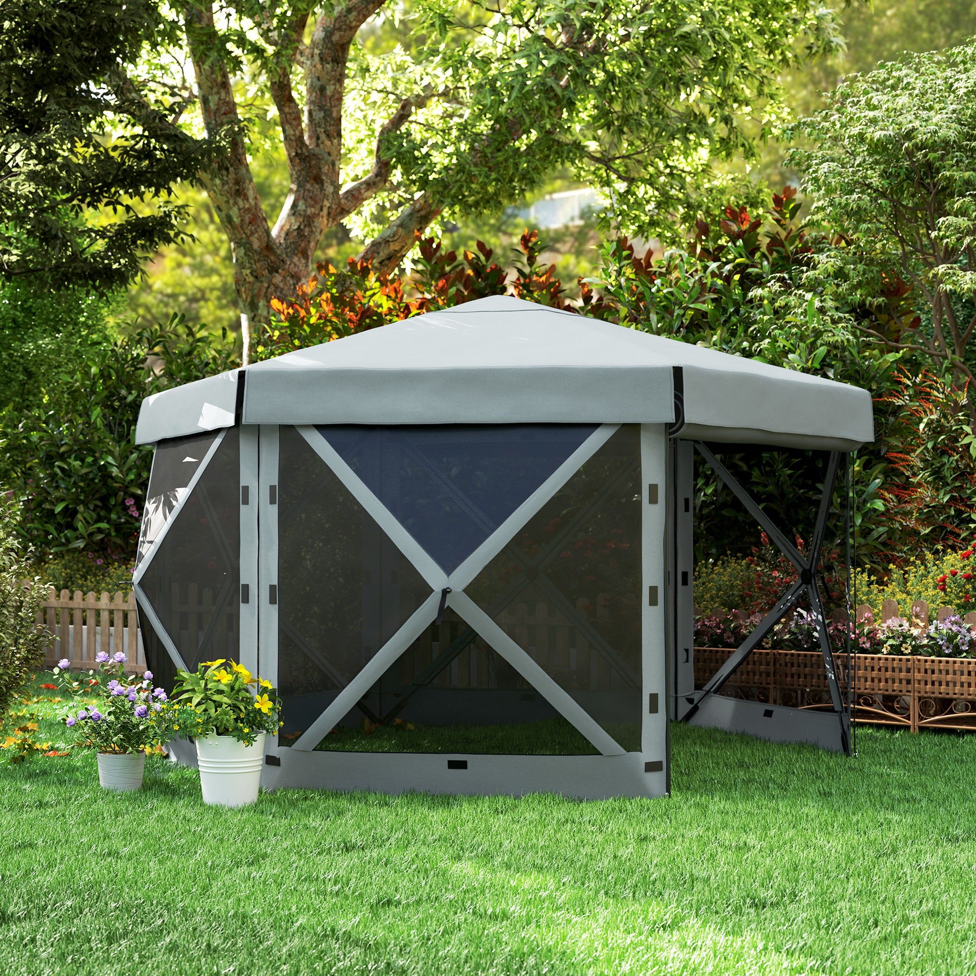 Outsunny 3 x 3(m) Hexagon Pop Up Gazebo with 5 Sides and Carry Bag, Waterproof, UV Resistant Party Tent Instant Event Shelter with Netting for Garden, Patio, Light Grey - North Peak Garden Furniture