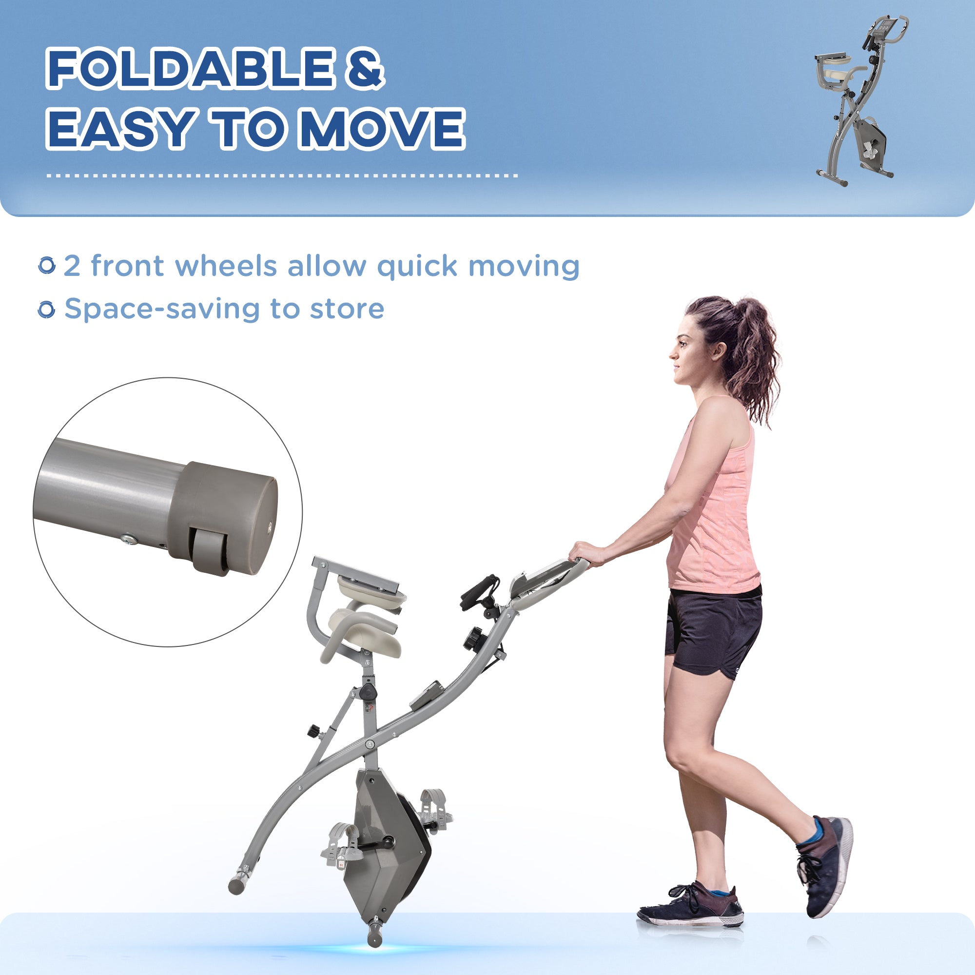HOMCOM 2-in-1 Folding Exercise Bike with 8-Level Magnetic Resistance, Arm Resistance Band, Pulse Sensor, Grey - North Peak Garden Furniture