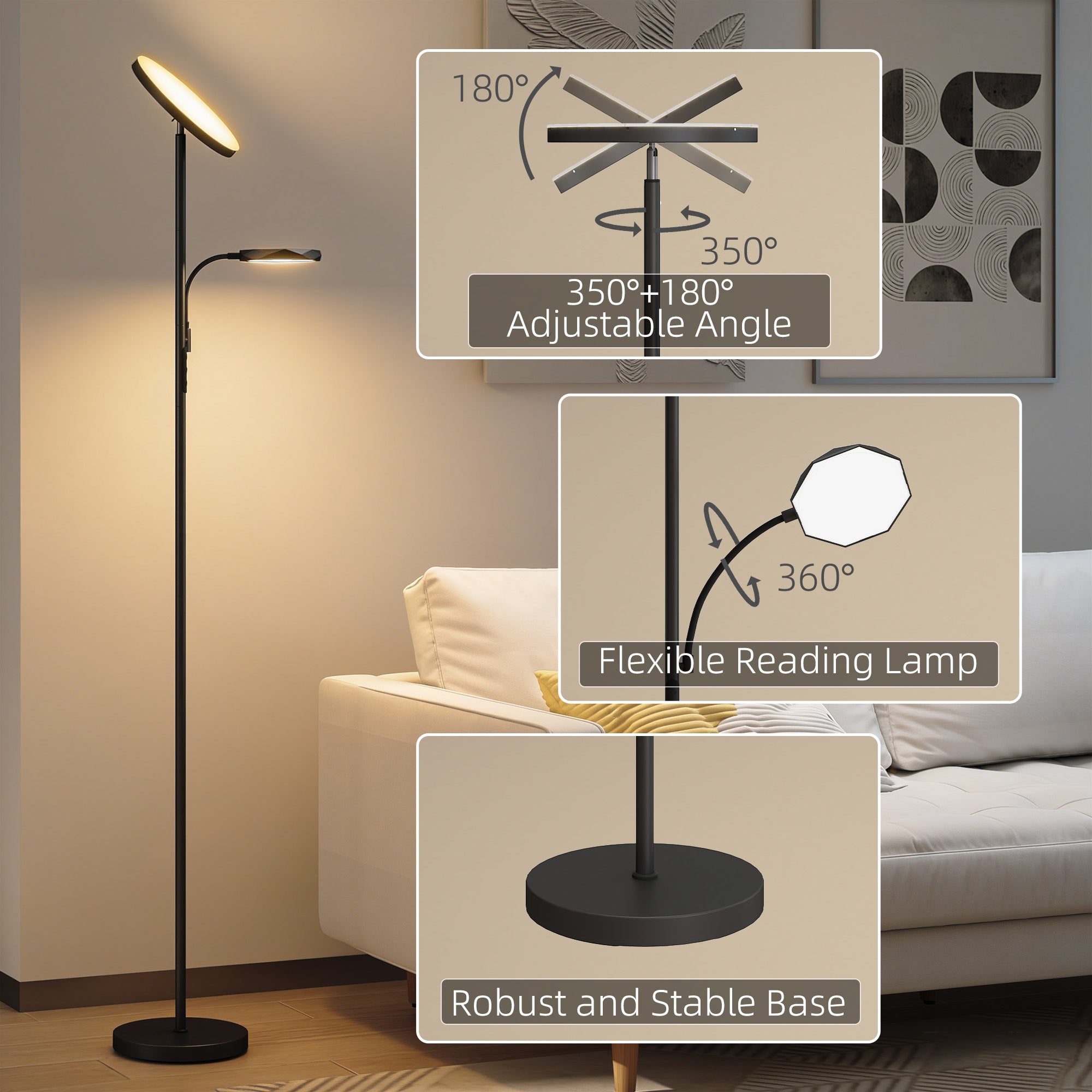 HOMCOM Mother and Child Uplighter Floor Lamp for Living Room, Stepless Dimmable Standing Lamp with Reading Light, 4 Scene Modes, 2700K-6500K Colour Temps, 4 Brightness Levels, Remote Control, Black