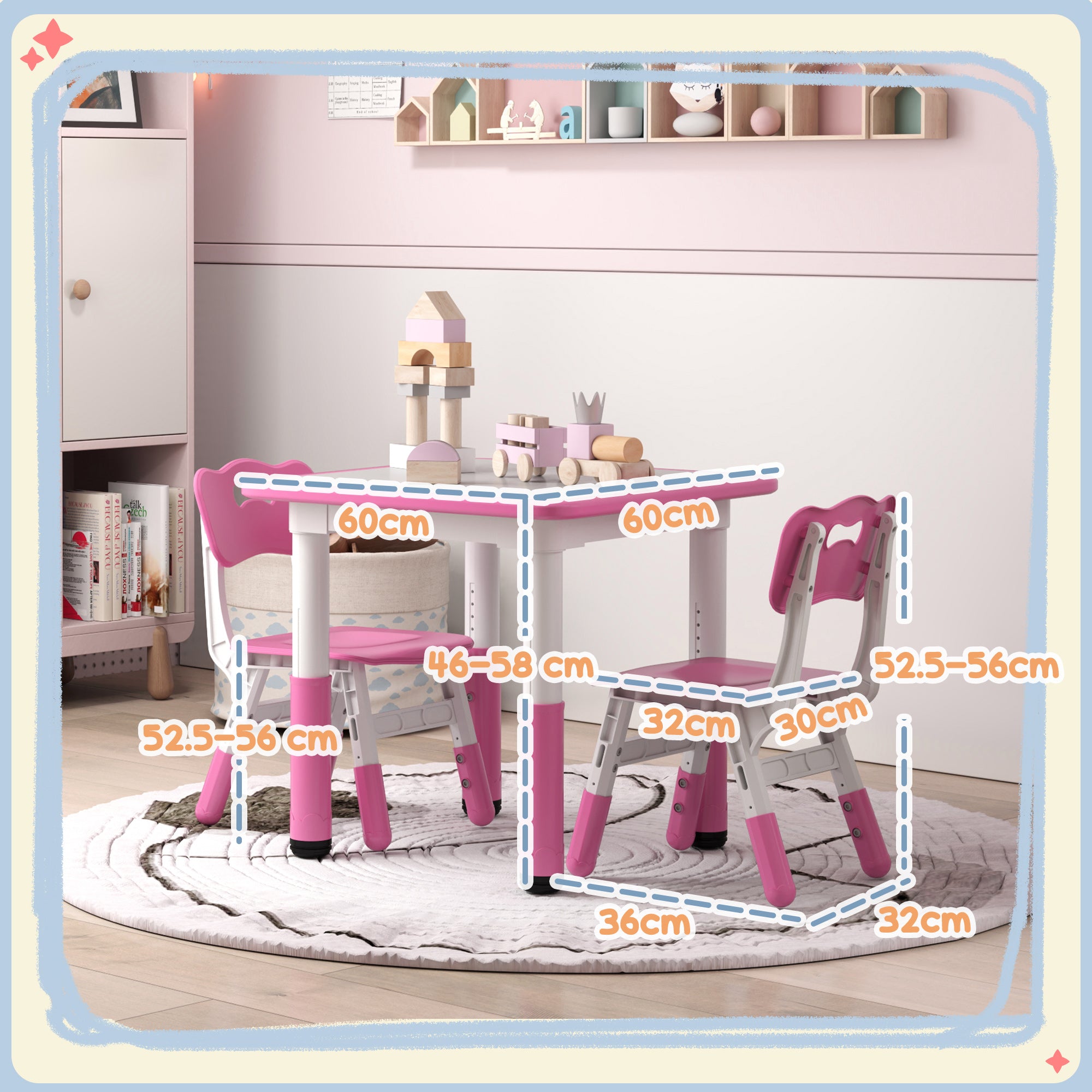AIYAPLAY Height Adjustable Toddler Table and Chair Set, 3 Pcs Children Activity Table w/ 2 Chairs, for Playroom, Bedroom - Pink - North Peak Garden Furniture