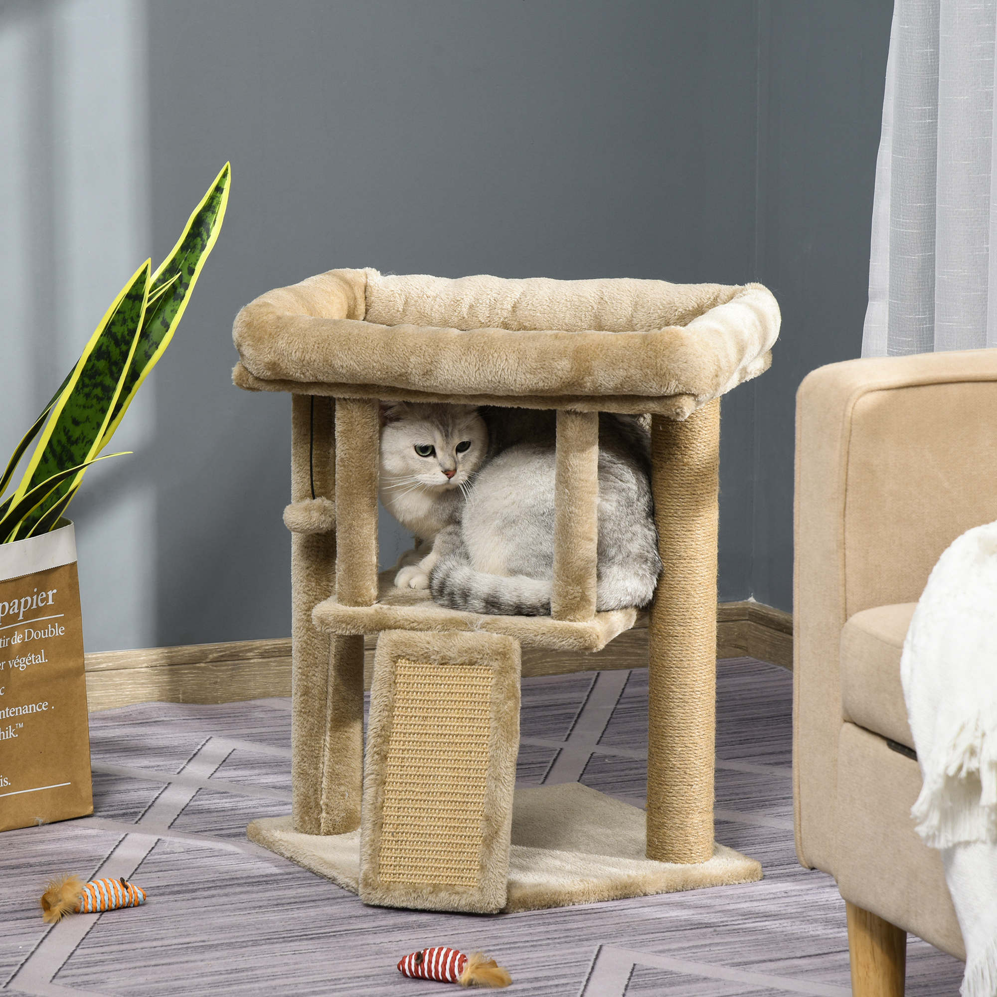 PawHut Cat Tree Tower for Indoor Cats Cat Scratching Post Climbing Activity Centre w/Jute Scratching Pad, Toy Ball, Cat House - Coffee - North Peak Garden Furniture