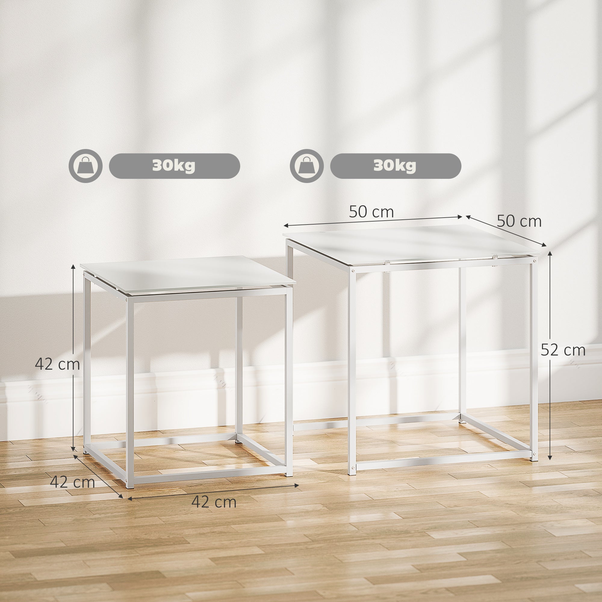HOMCOM Nest of Tables, Set of 2 Coffee Table, Side Tables with Tempered Glass Desktop and Metal Frame for Living Room, Bedroom, Office, White - North Peak Garden Furniture