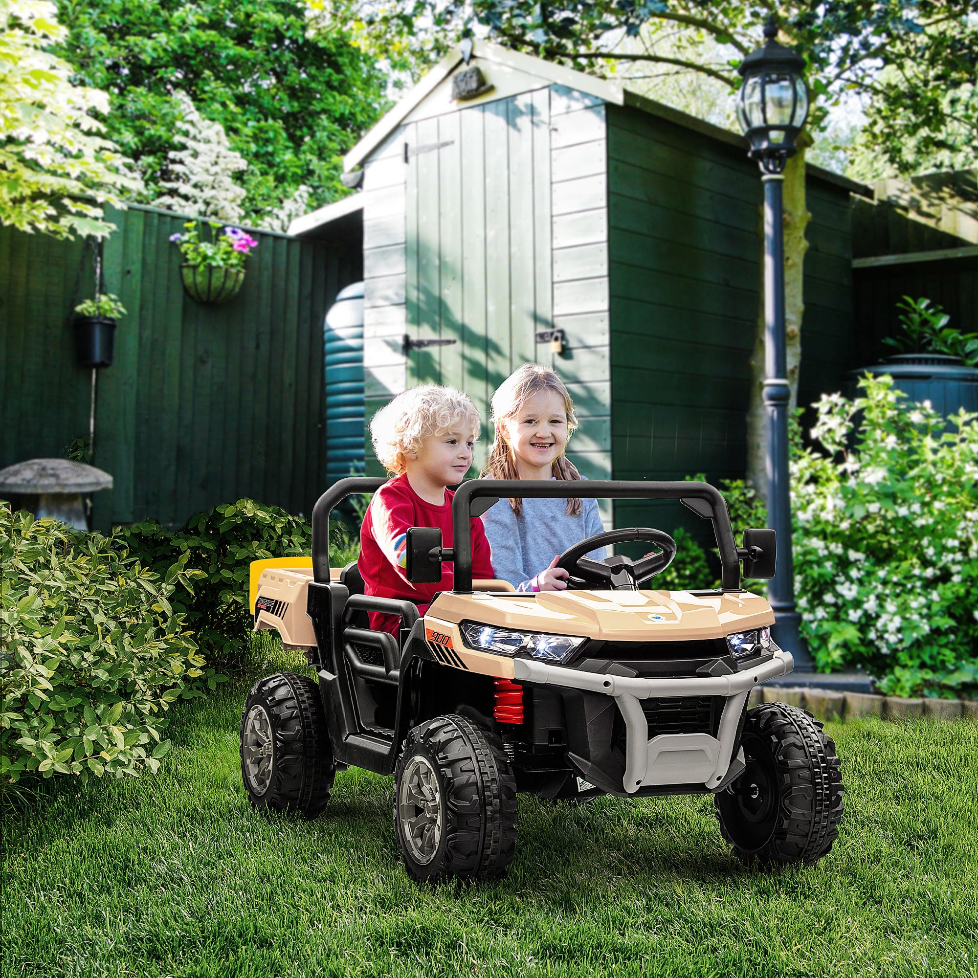 HOMCOM 12V 2 Seater Kids Electric Ride-On Car with Electric Bucket, Remote Control - Yellow - North Peak Garden Furniture