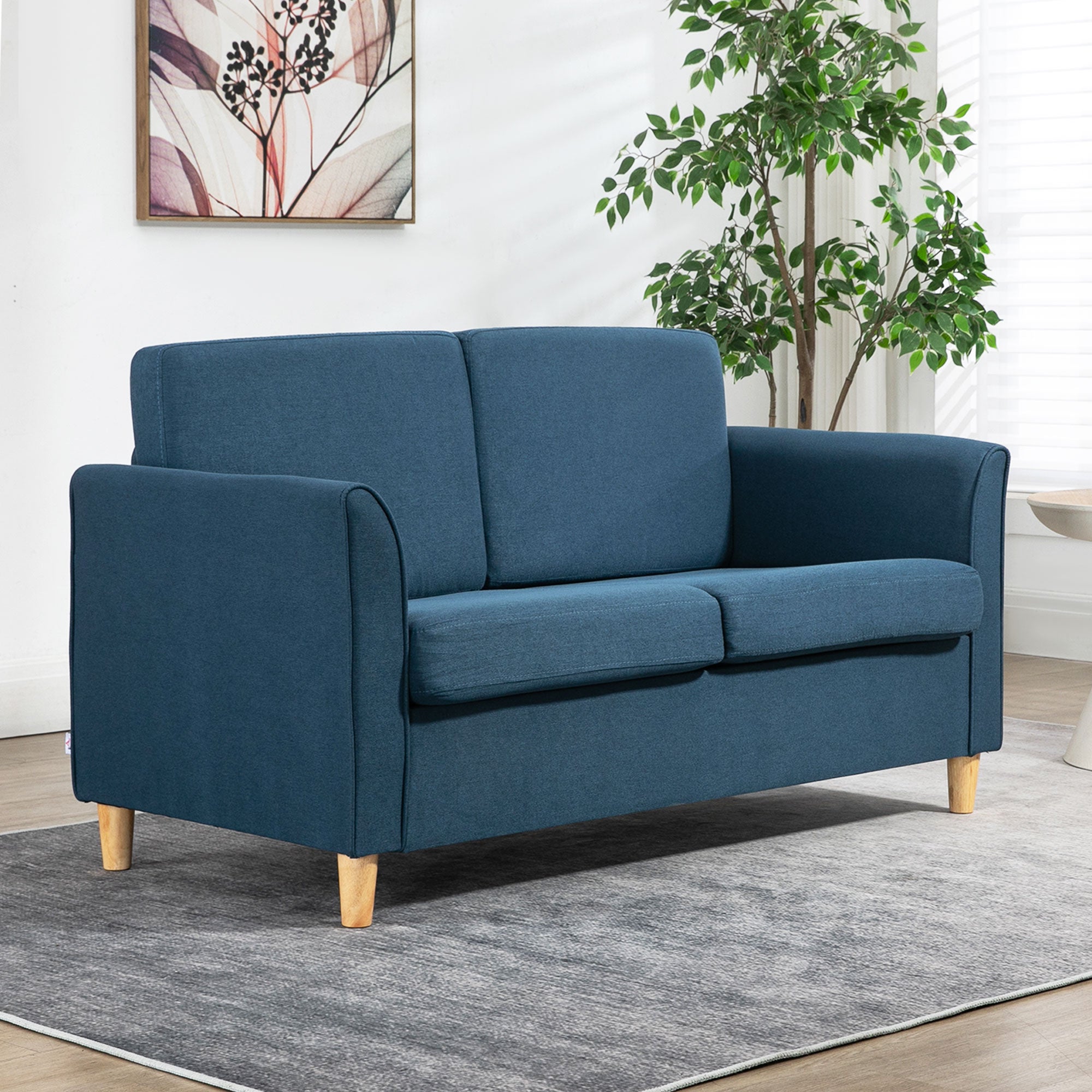 HOMCOM Compact Loveseat Sofa, Modern 2 Seater Sofa for Living Room with Wood Legs and Armrests, Blue - North Peak Garden Furniture