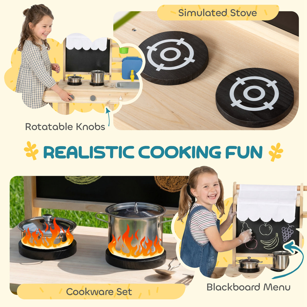 AIYAPLAY Mud Kitchen with Real Water Faucet Pretend Play Kitchen Playset with Sink and Storage Natural Wood