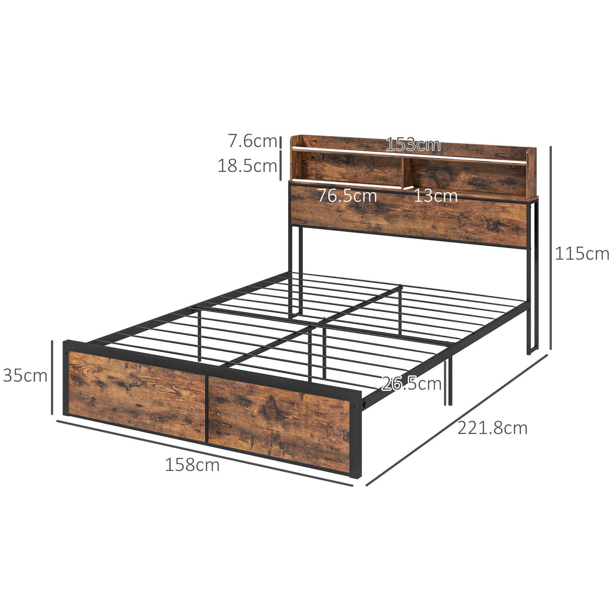 HOMCOM Industrial King Bed Frame, 5.2FT Steel Bed Base with Storage Headboard, Footboard, Slatted Support and Under Bed Storage, 158 x 222cm, Rustic Brown - North Peak Garden Furniture