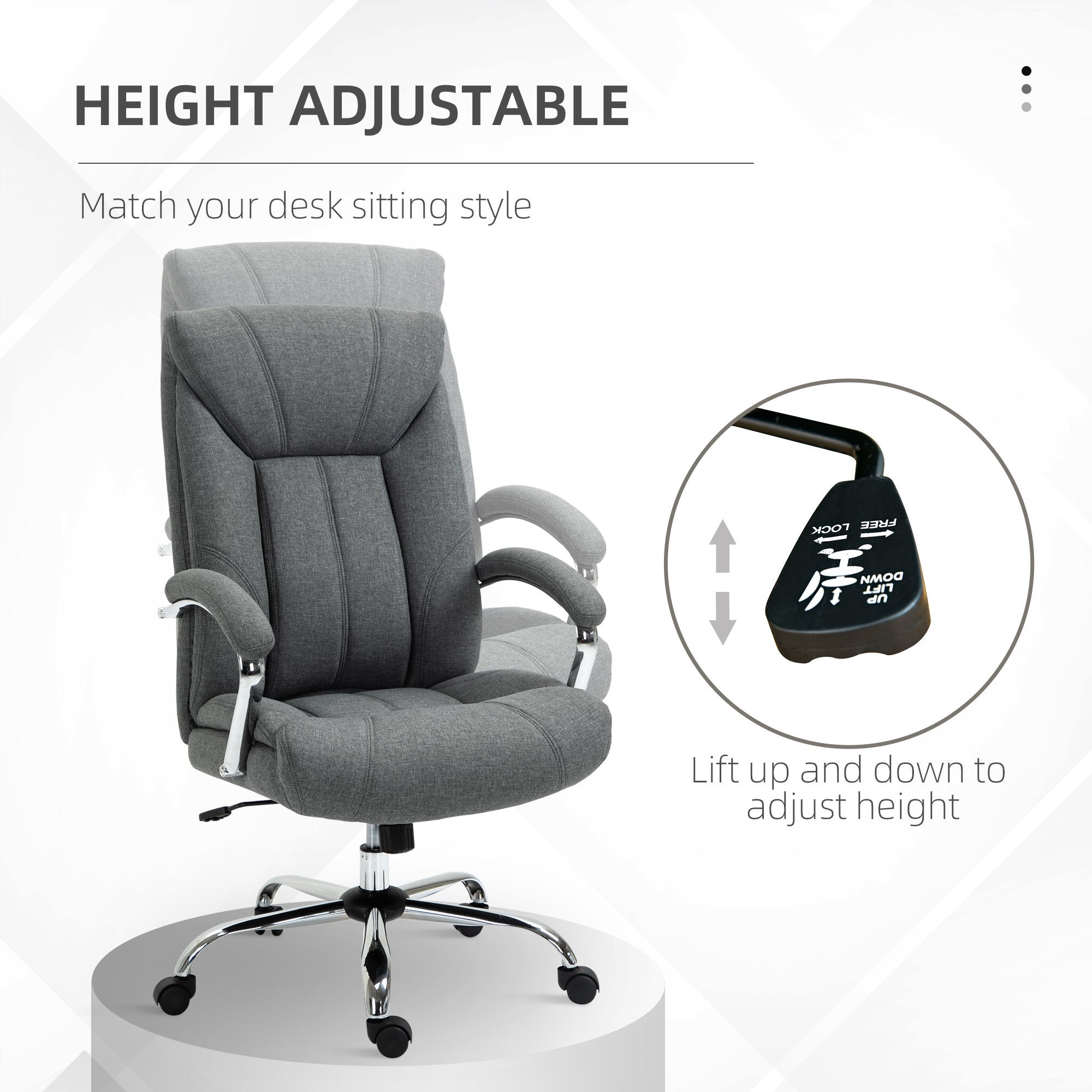 Vinsetto Office Chair, Fabric Desk Chair, Padded Executive Chair with Adjustable Height, Swivel Wheels, Metal Star Base, Grey - North Peak Garden Furniture