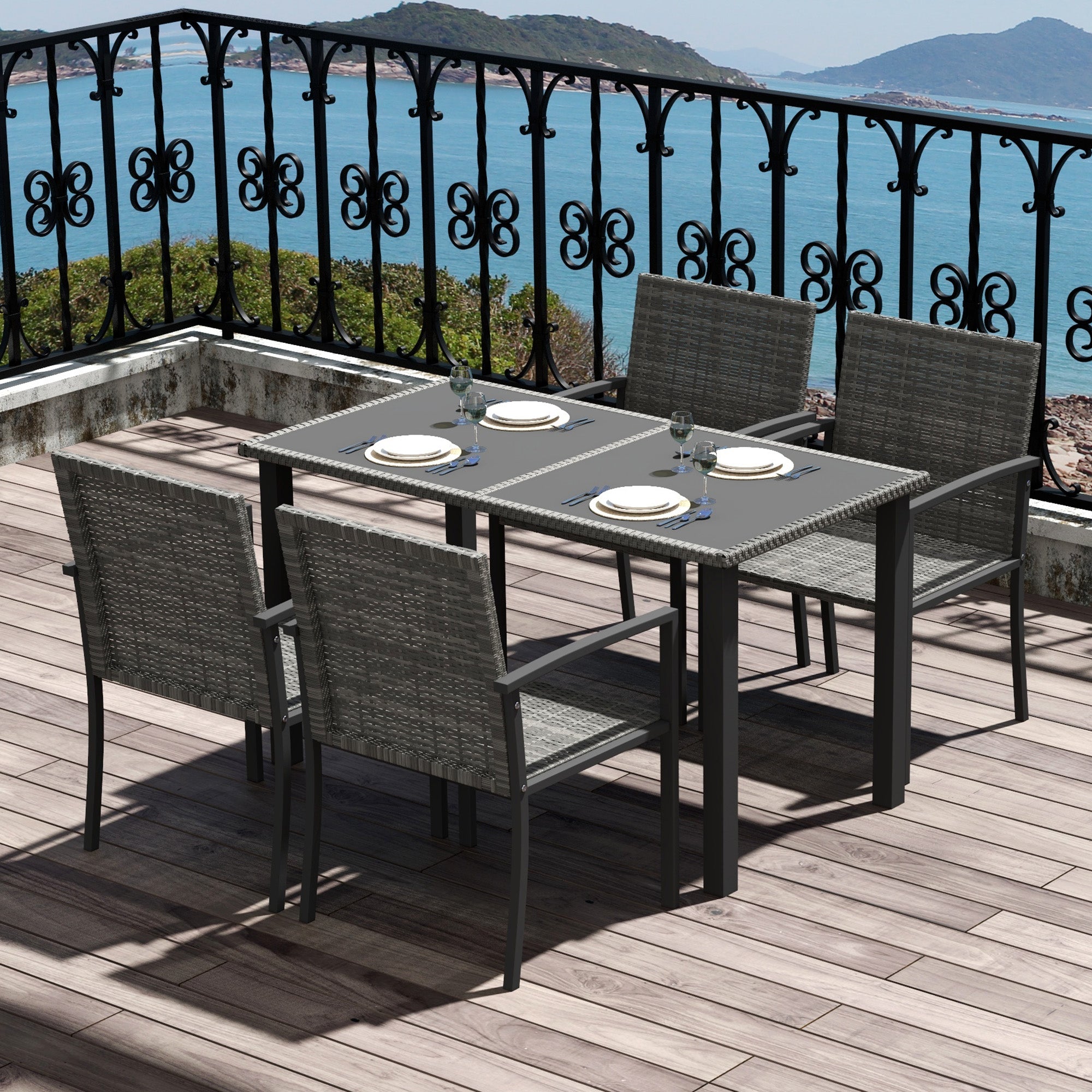 Outsunny Outdoor Dining Set 5 Pieces Patio Conservatory with Tempered Glass Tabletop,4 Dining Chairs - Grey - North Peak Garden Furniture
