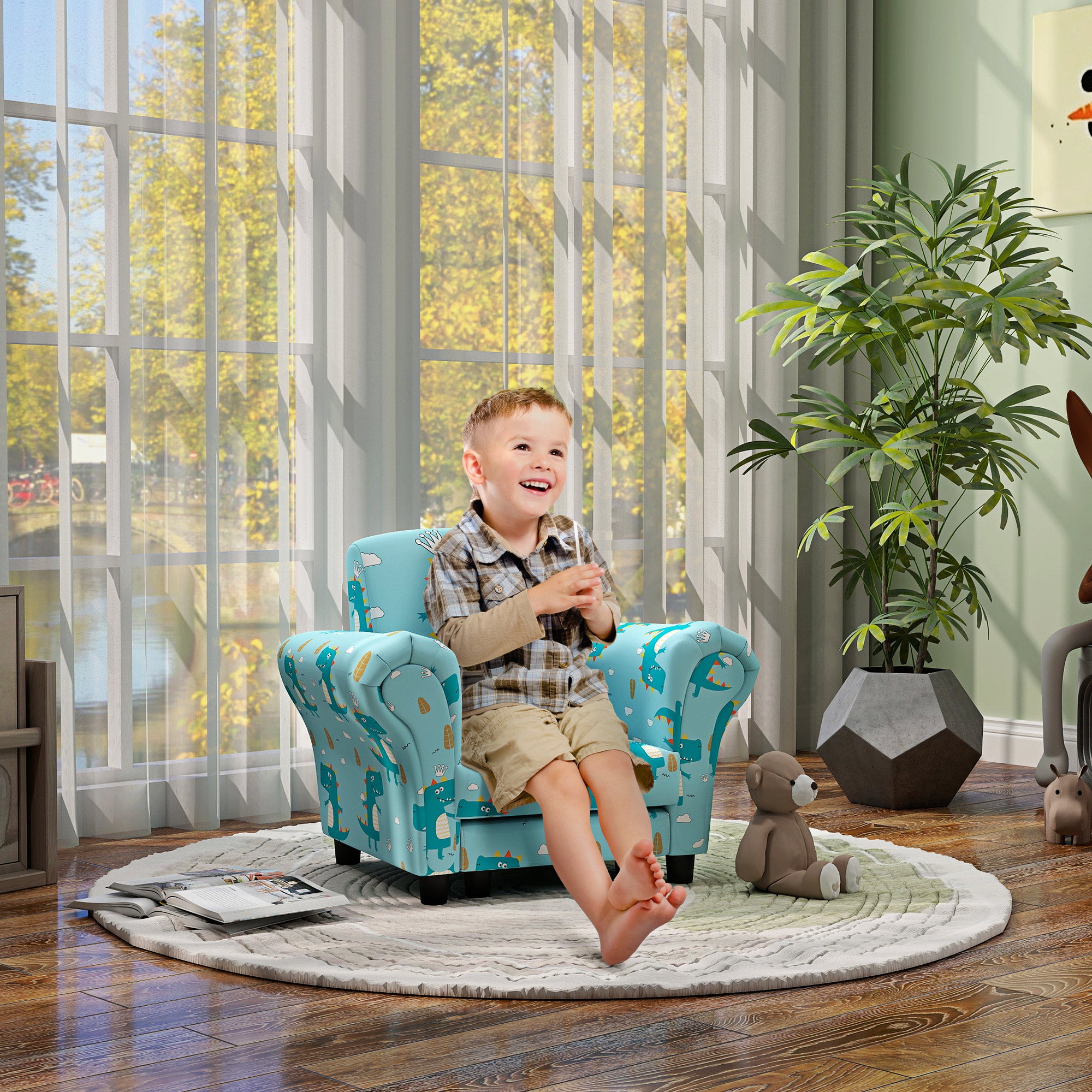 AIYAPLAY 2 Piece Kids Sofa Set with Dinosaur Design, Wooden Frame, for 1.5-3 Years Old, Blue - North Peak Garden Furniture