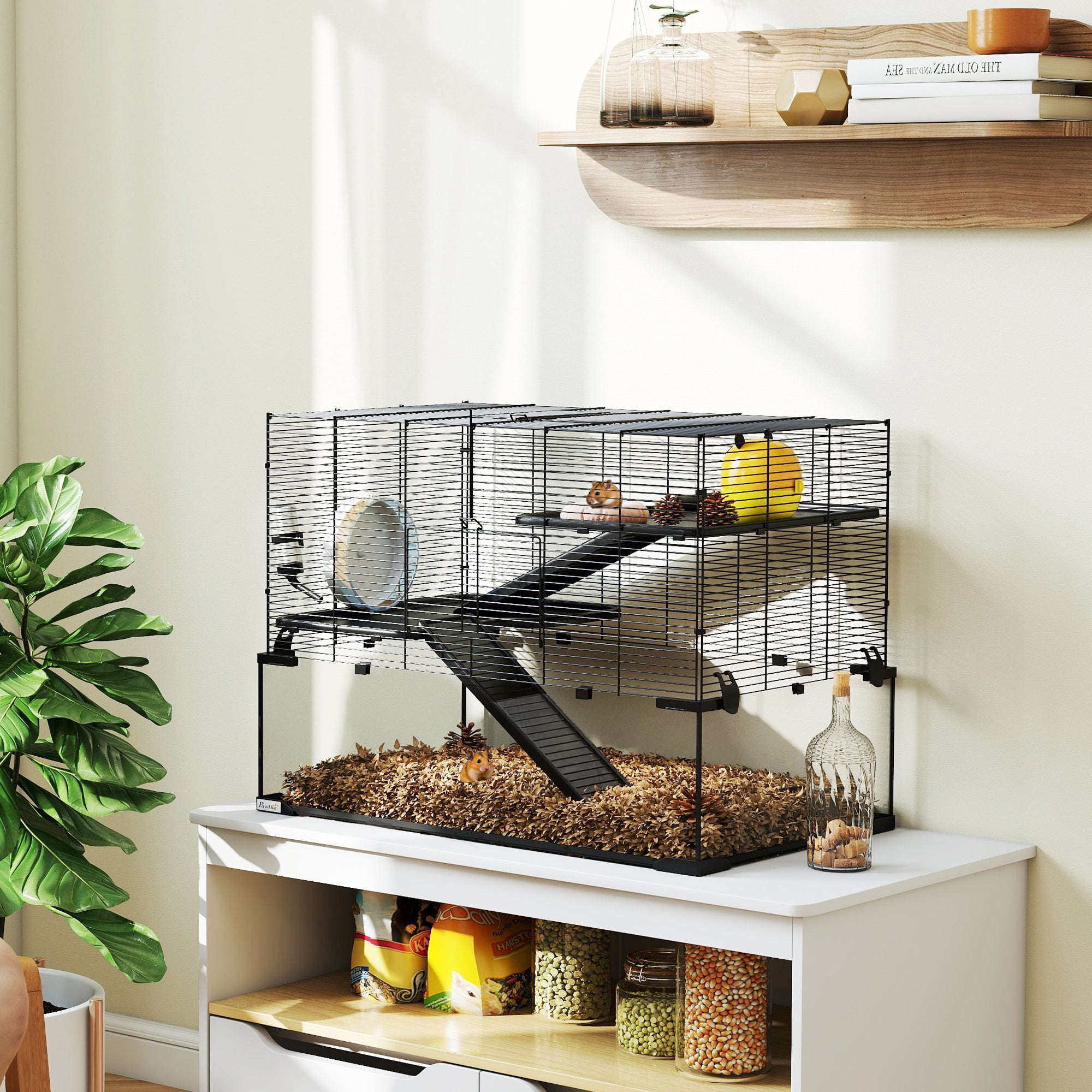 PawHut 3 Tiers Hamster Cage, Gerbil Cage with Deep Glass Bottom, Non-Slip Ramps, Platforms, Hut, Exercise Wheels, Water Bottle, Dish, for Syrian Hamster, Dwarf Hamster, 78.5 x 48.5 x 57cm