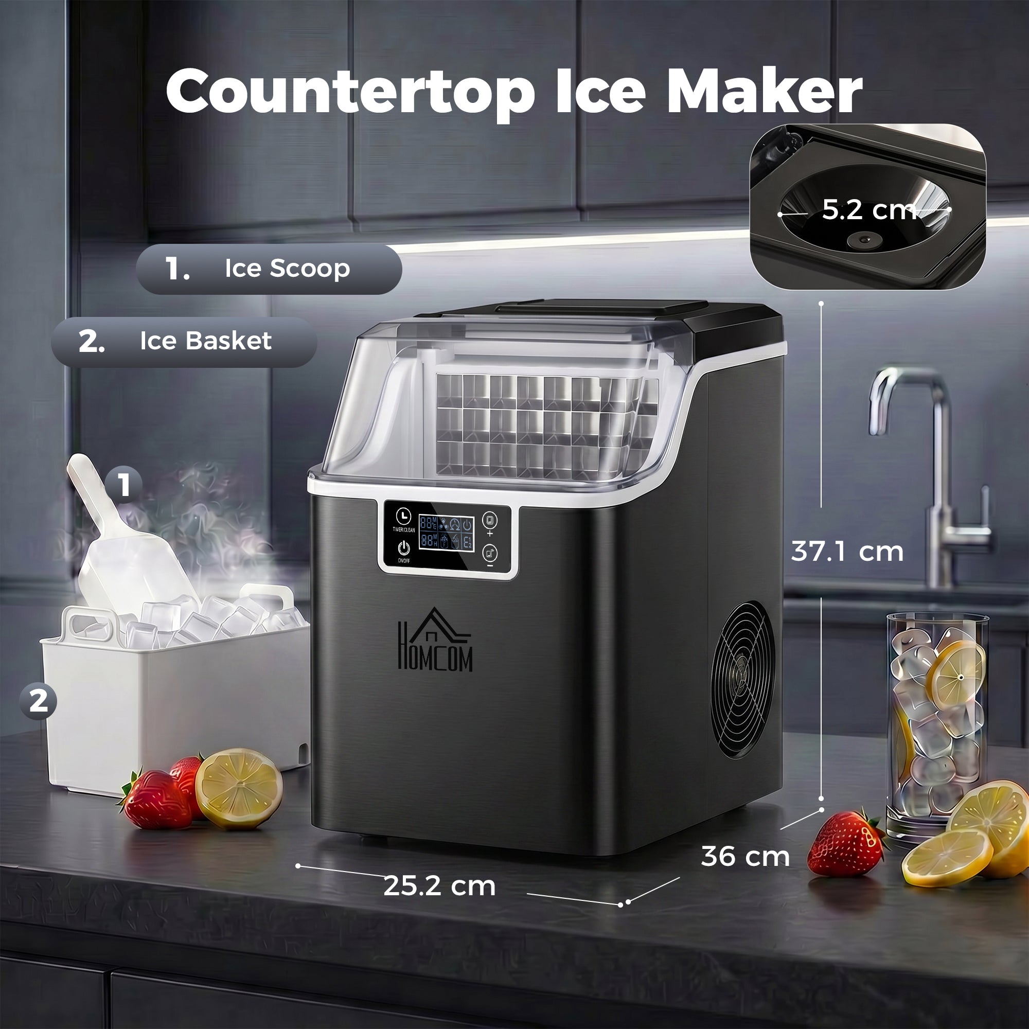 HOMCOM 3.2L Compact Ice Machine, with LCD Screen and Accessories - Black