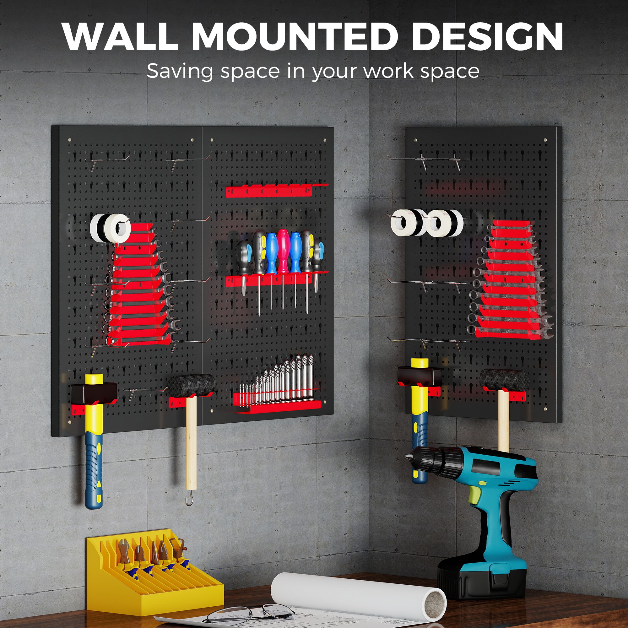 HOMCOM 28 Pcs Wall-Mounted Pegboard with 3 Boards, Garage Tool Storage Unit Black and Red