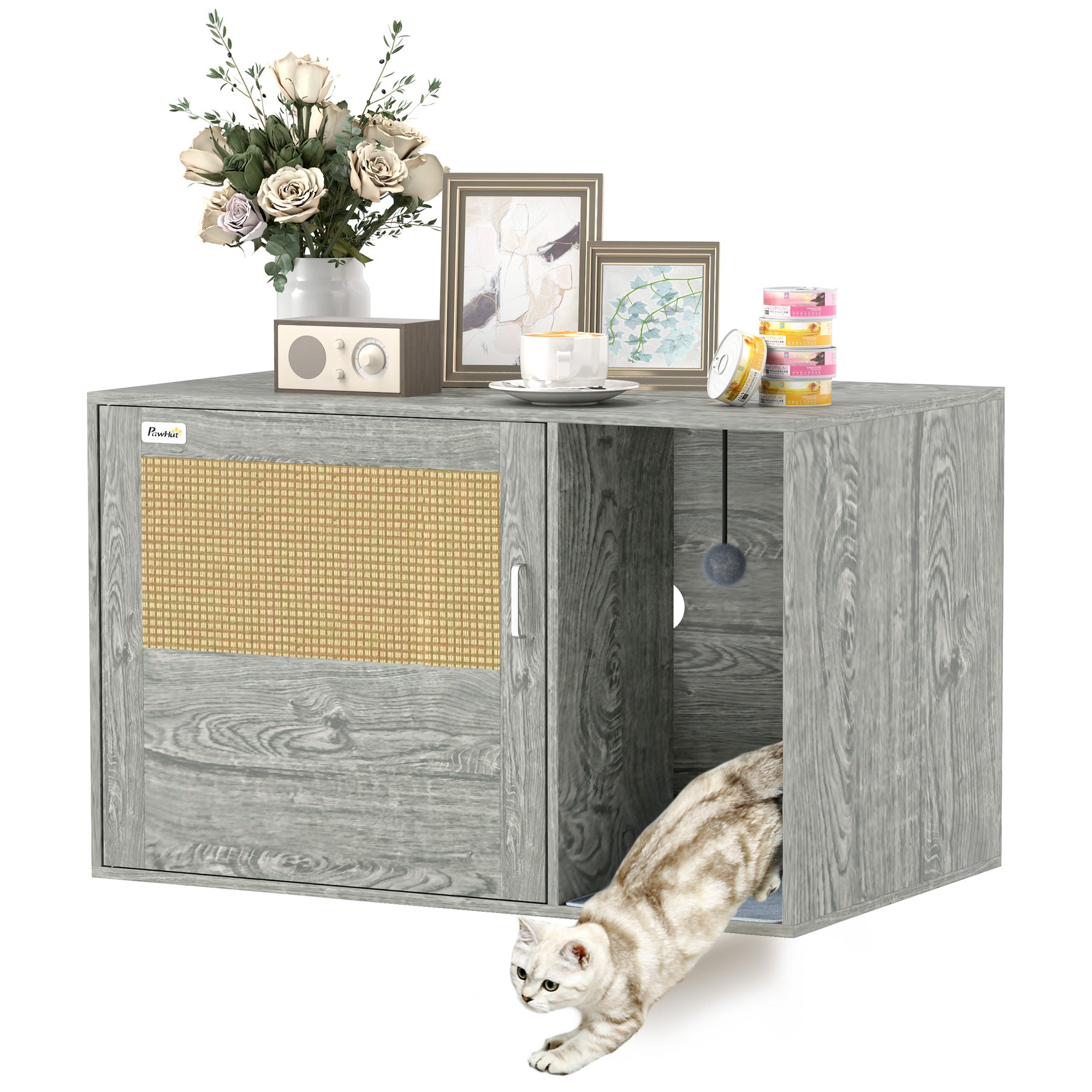 PawHut Boho Style Cat Litter Box Enclosure with Rattan Door, Scratching Mat, Toy Ball, Non-slip Foot Pads, 80 x 50 x 50cm, Grey - North Peak Garden Furniture