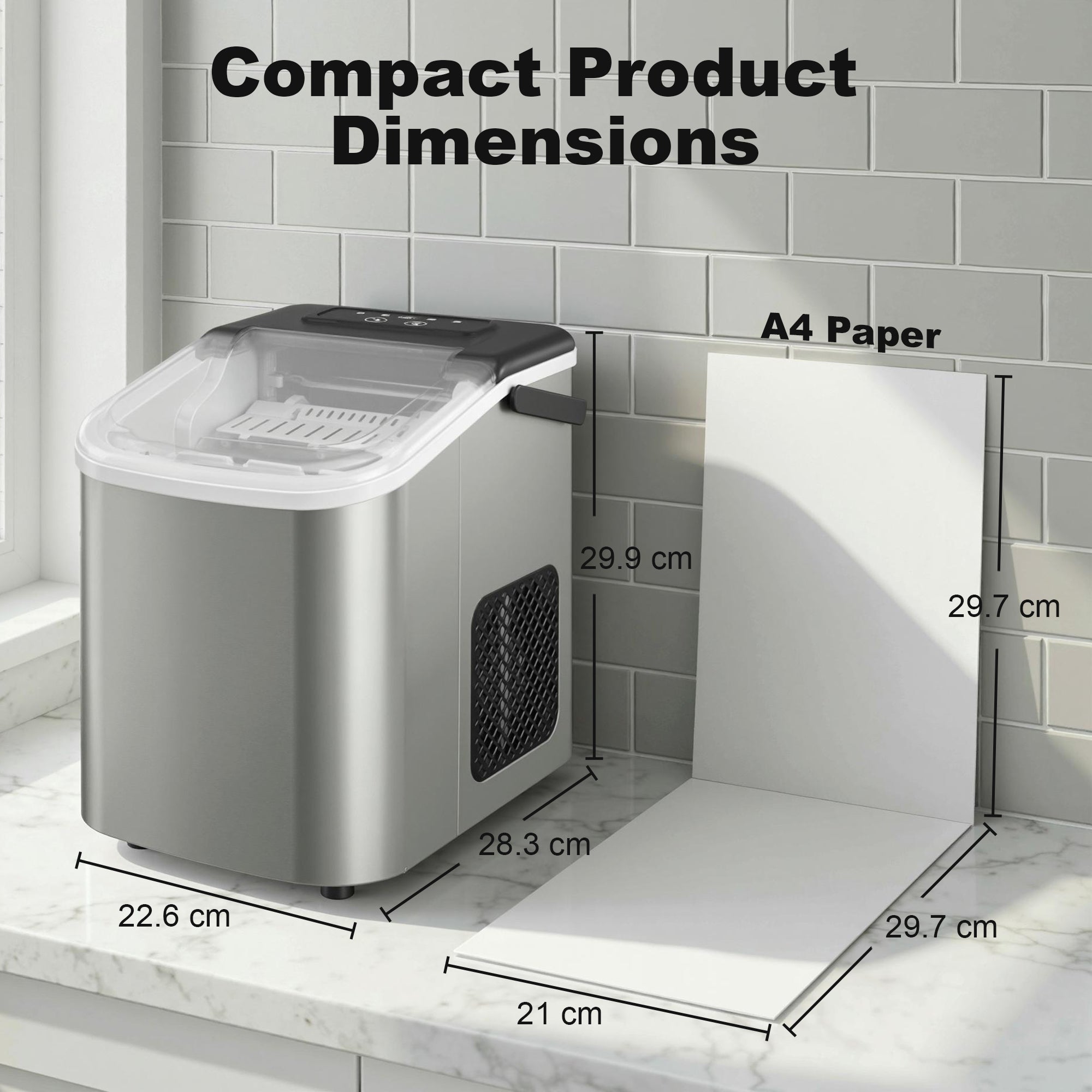 HOMCOM Ice Maker Machine Countertop, 9 Cubes Ready in 7 Mins, 12 KG in 24Hrs, 2 Sizes of Bullet, Self-Cleaning Ice Machine with Portable Handle, Scoop and Basket for Home Kitchen Office RV