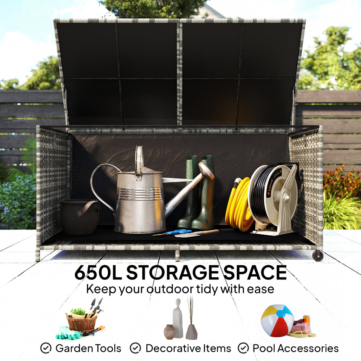 Outsunny 650L Garden Storage Box with 2 Wheels, Rattan Deck Box with Waterproof Zipped Liner, Safe Pneumatic Rods, Mixed Grey