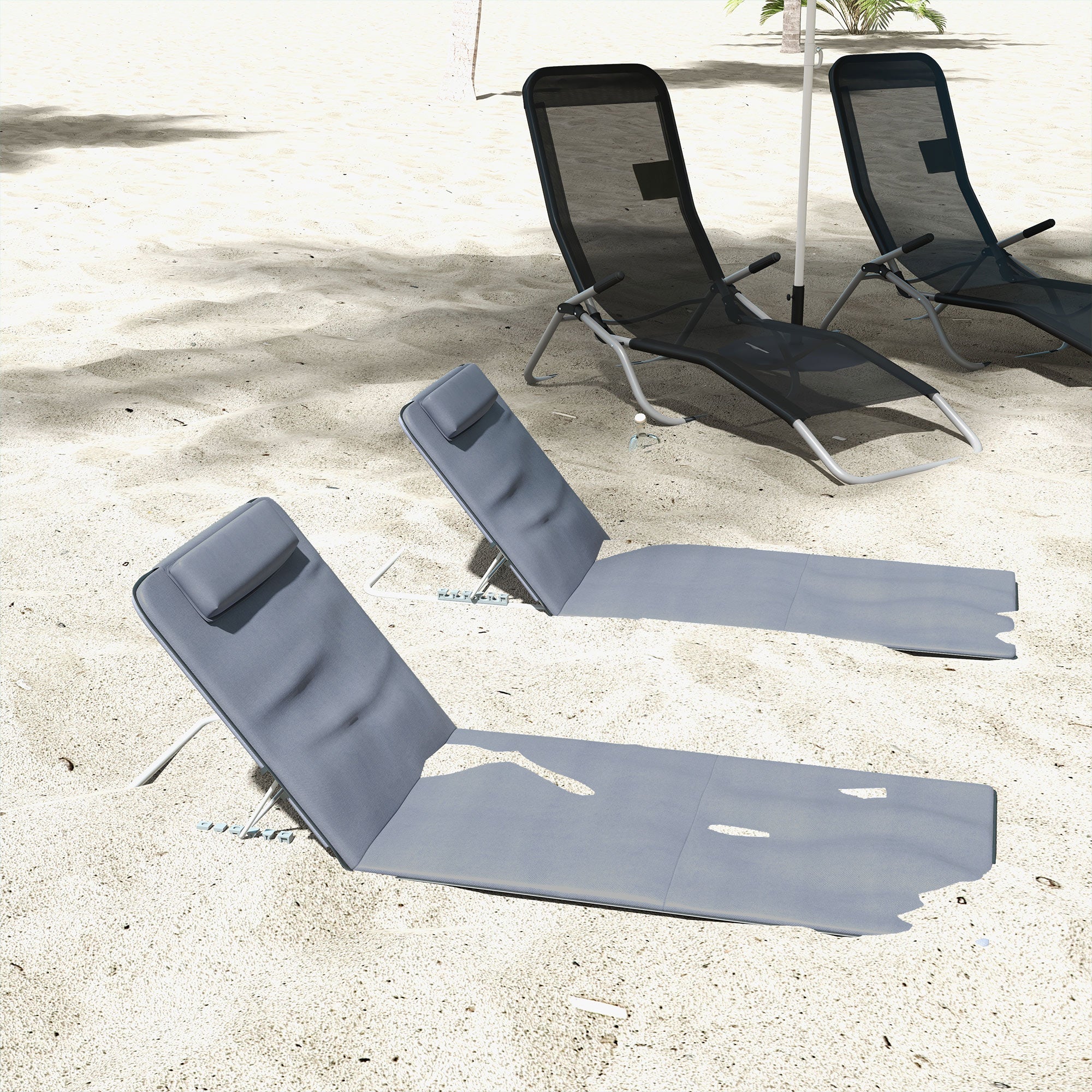 Outsunny Set of 2 Foldable Garden Beach Chair Mat Lightweight Outdoor Sun Lounger Seats Adjustable Back Metal Frame PE Fabric Head Pillow w/ Carry Bag,Grey - North Peak Garden Furniture