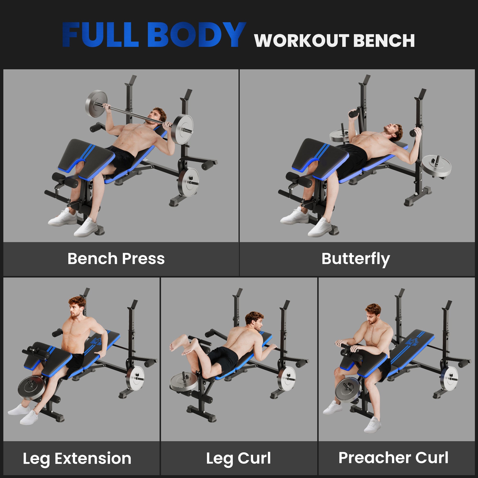 HOMCOM Adjustable Weight Bench with Leg Developer Barbell Rack for Weight Lifting and Strength Training Multifunctional Workout Station for Home Gym Fitness, Blue