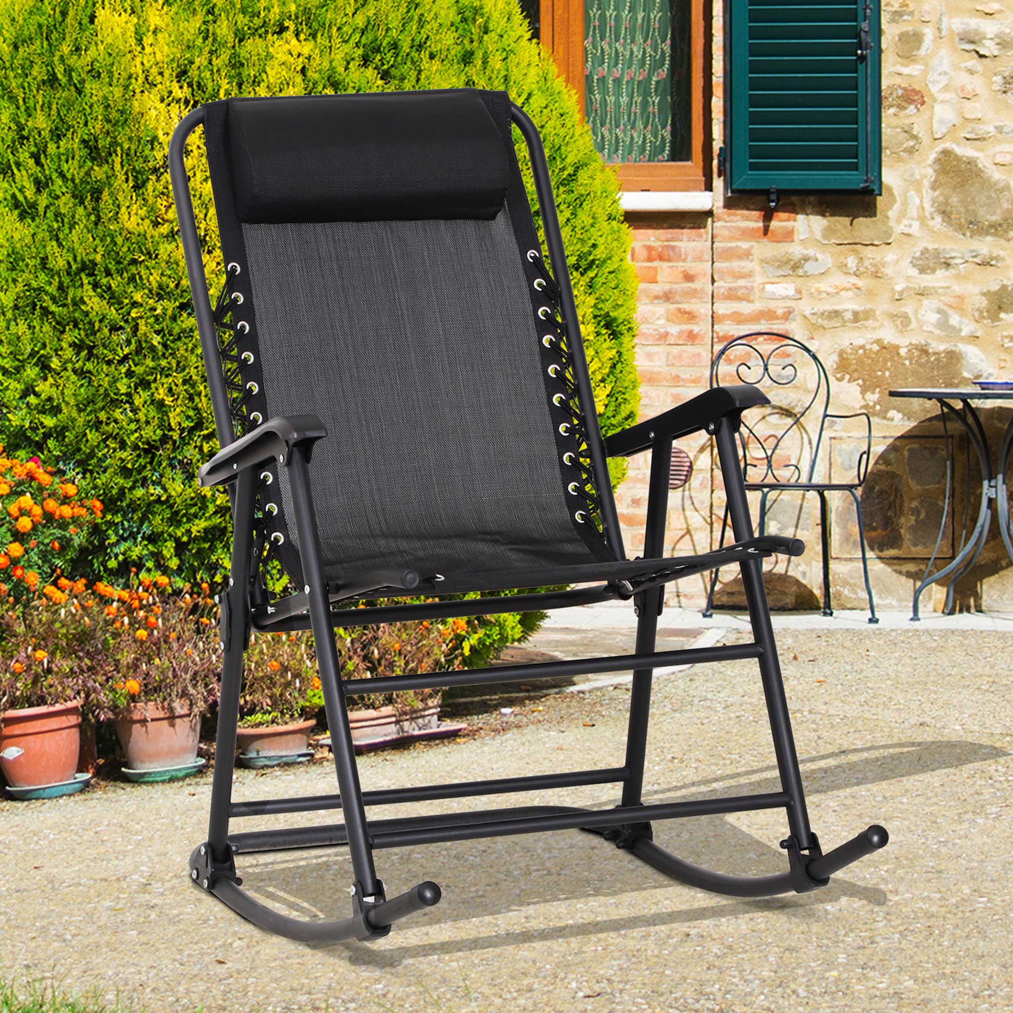 Outsunny Rocking Garden Chair, Foldable Outdoor Rocker with Adjustable Zero-Gravity Seat and Headrest, Ideal for Camping, Fishing, Patio, Black