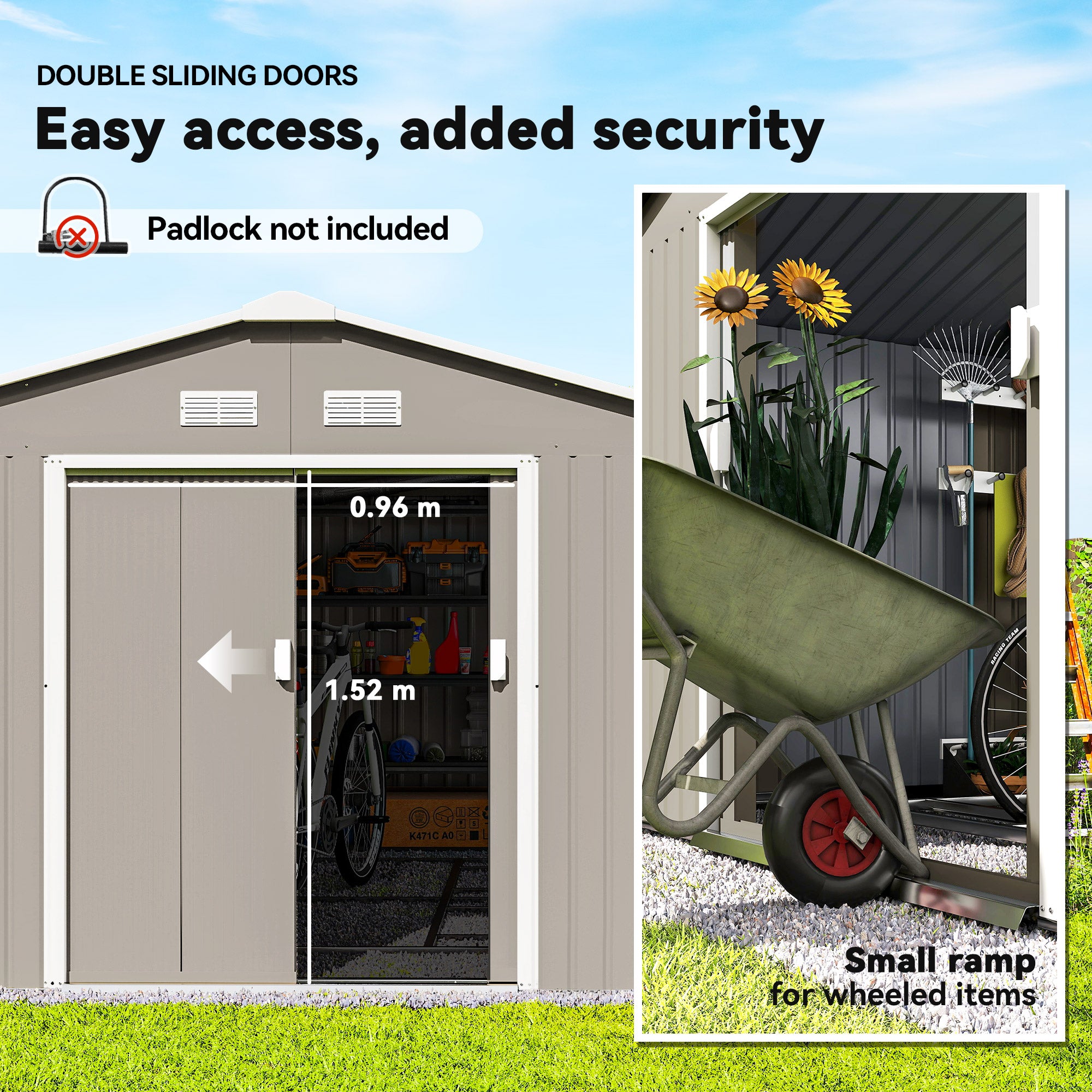 Outsunny 13 x 11ft Garden Metal Storage Shed Outdoor Storage Shed with Foundation Kit Ventilation & Doors, Light Grey