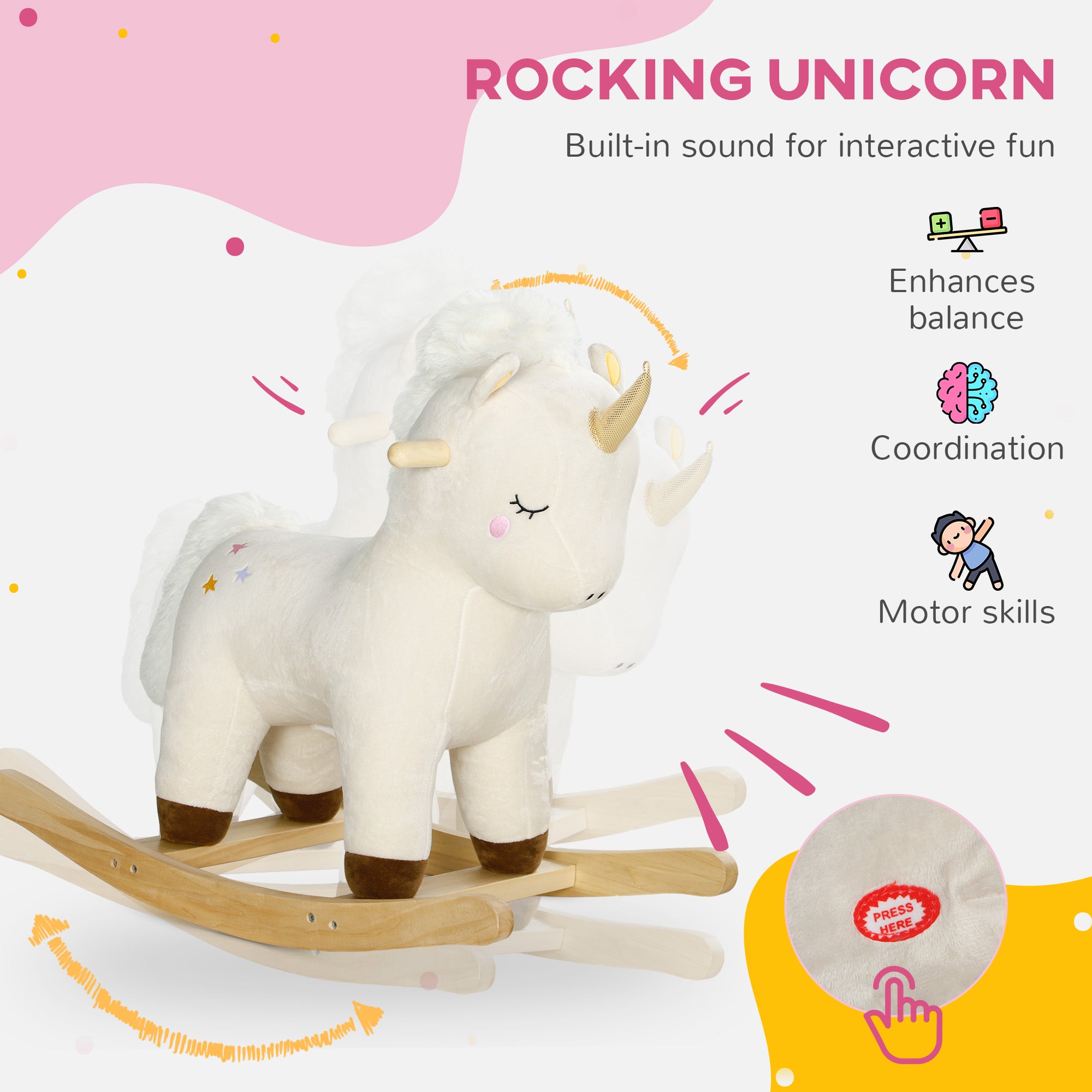AIYAPLAY Rocking Horse with Unicorn Design, Sounds, for Ages 2-4 Years, White - North Peak Garden Furniture