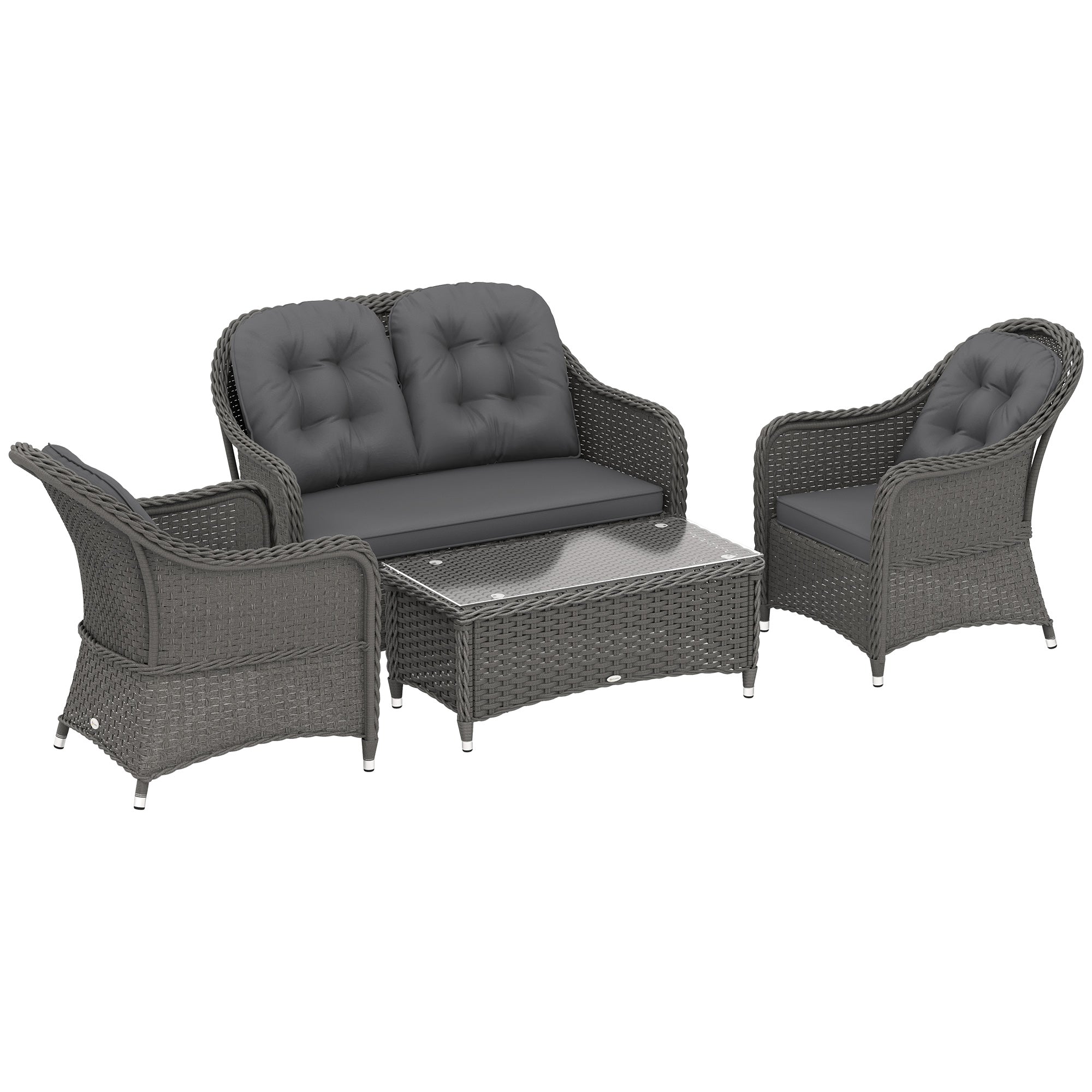 Outsunny Four-Piece Rattan Sofa Set, with Glass-Top Table - Light Grey - North Peak Garden Furniture