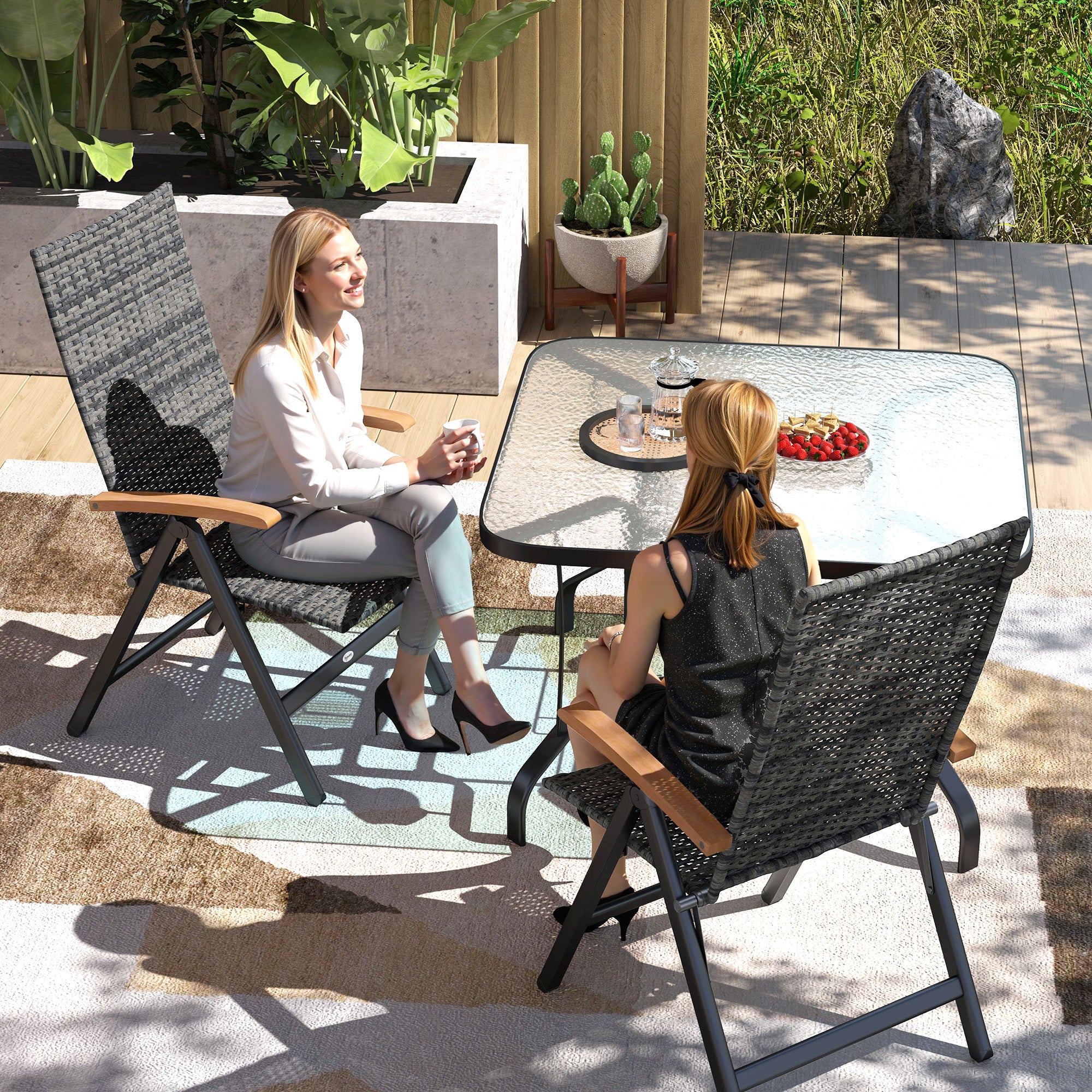 Outsunny 2 Pieces Outdoor Foldable Dining Chair with Armrests, High Backrest, for Garden, Camping, Balcony, Mixed-grey - North Peak Garden Furniture
