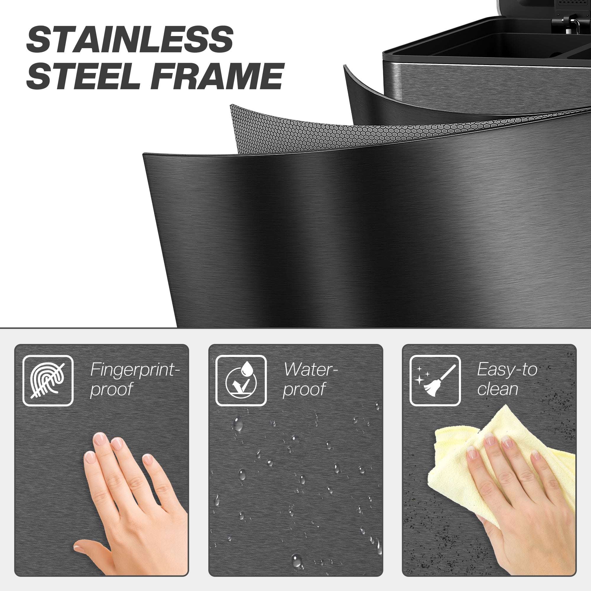 HOMCOM 3 x 20L Pedal Bin, Steel Triple Kitchen Bin with Soft Close Lid, Removable Inner Buckets, Fingerprint-Proof, Black