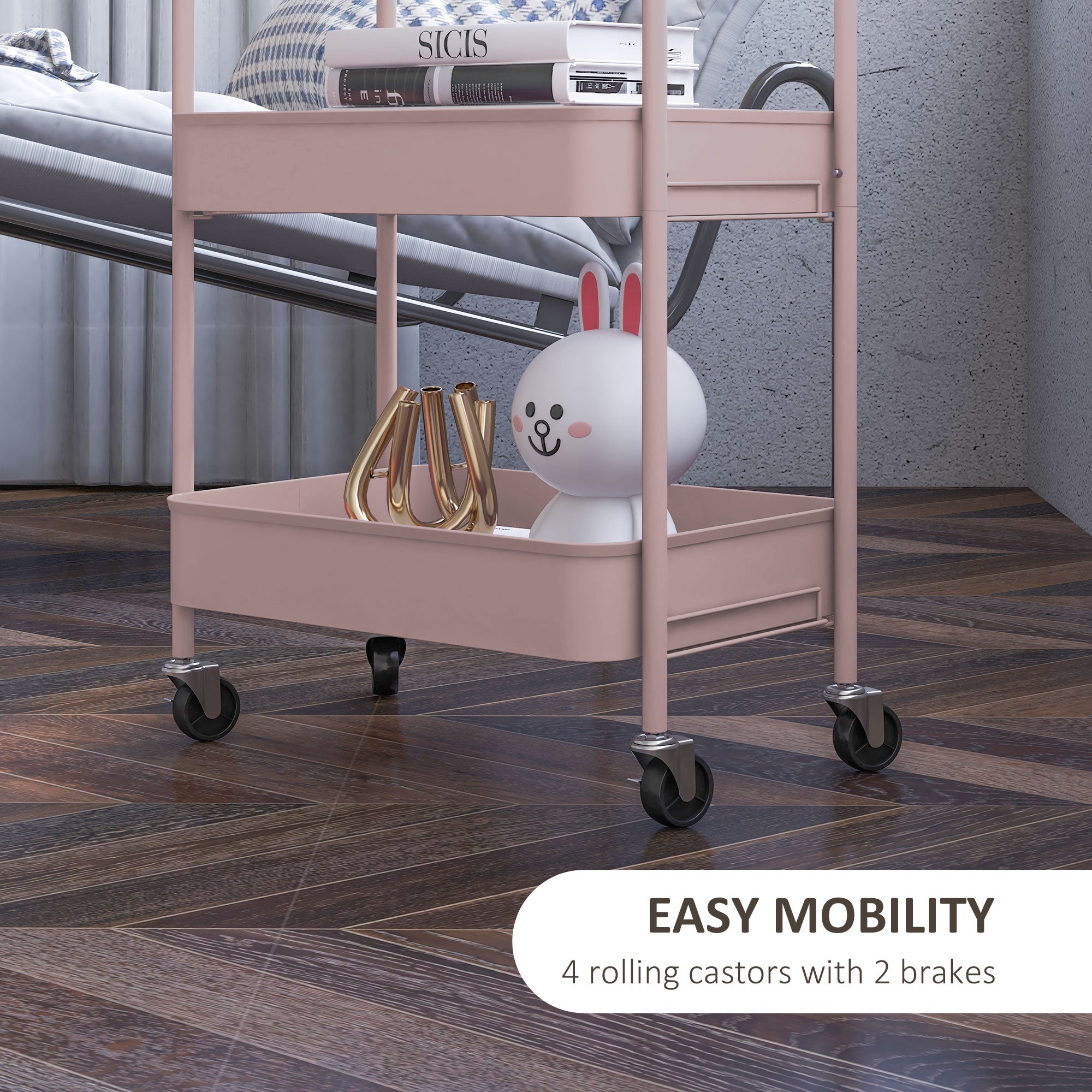 HOMCOM Three-Tier Steel Storage Trolley - Pink - North Peak Garden Furniture