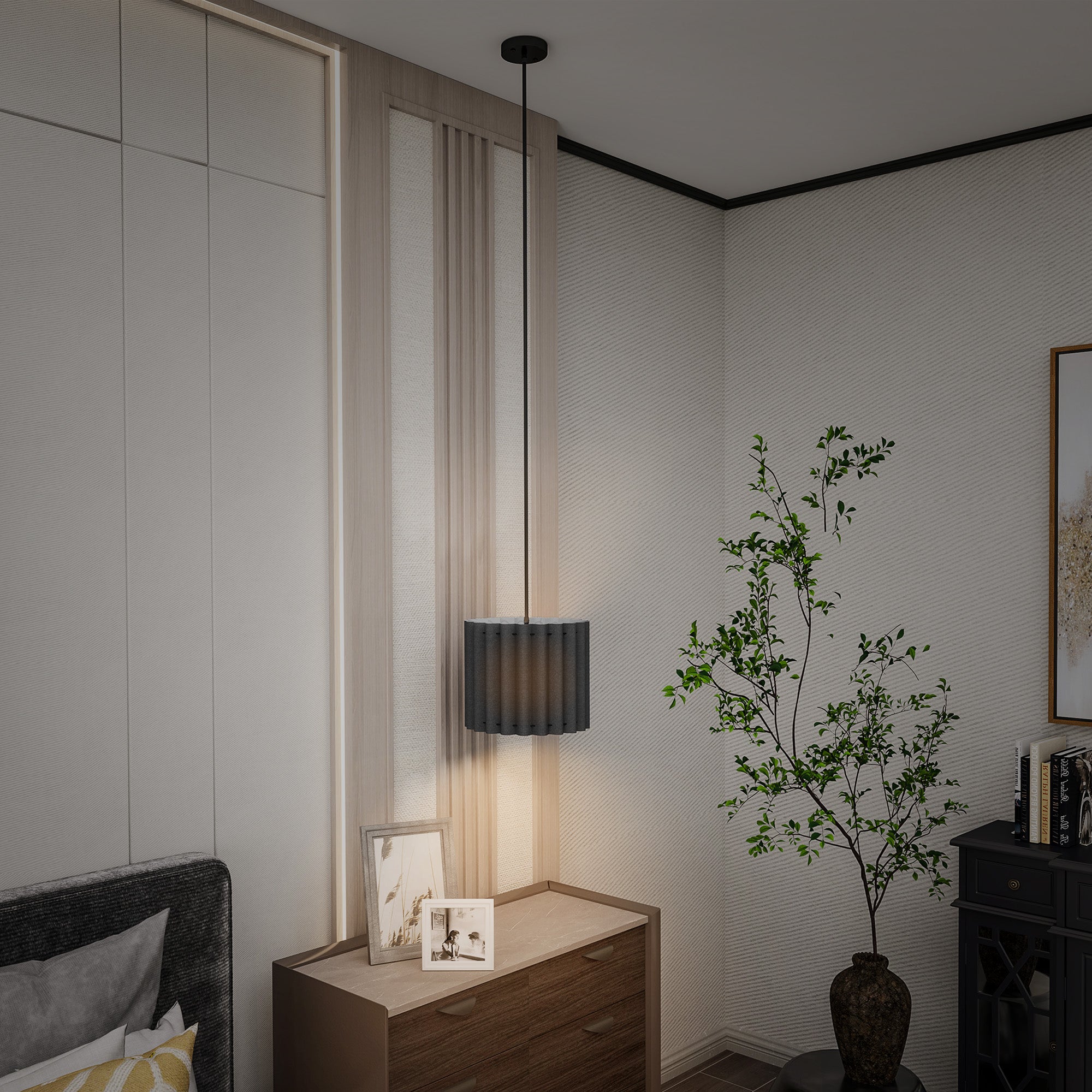 HOMCOM Linen Pendant Light, Modern Wave Ceiling Light Shade, E27 Lampshade for Living Room, Bedroom, Kitchen, Hallway, Black - North Peak Garden Furniture