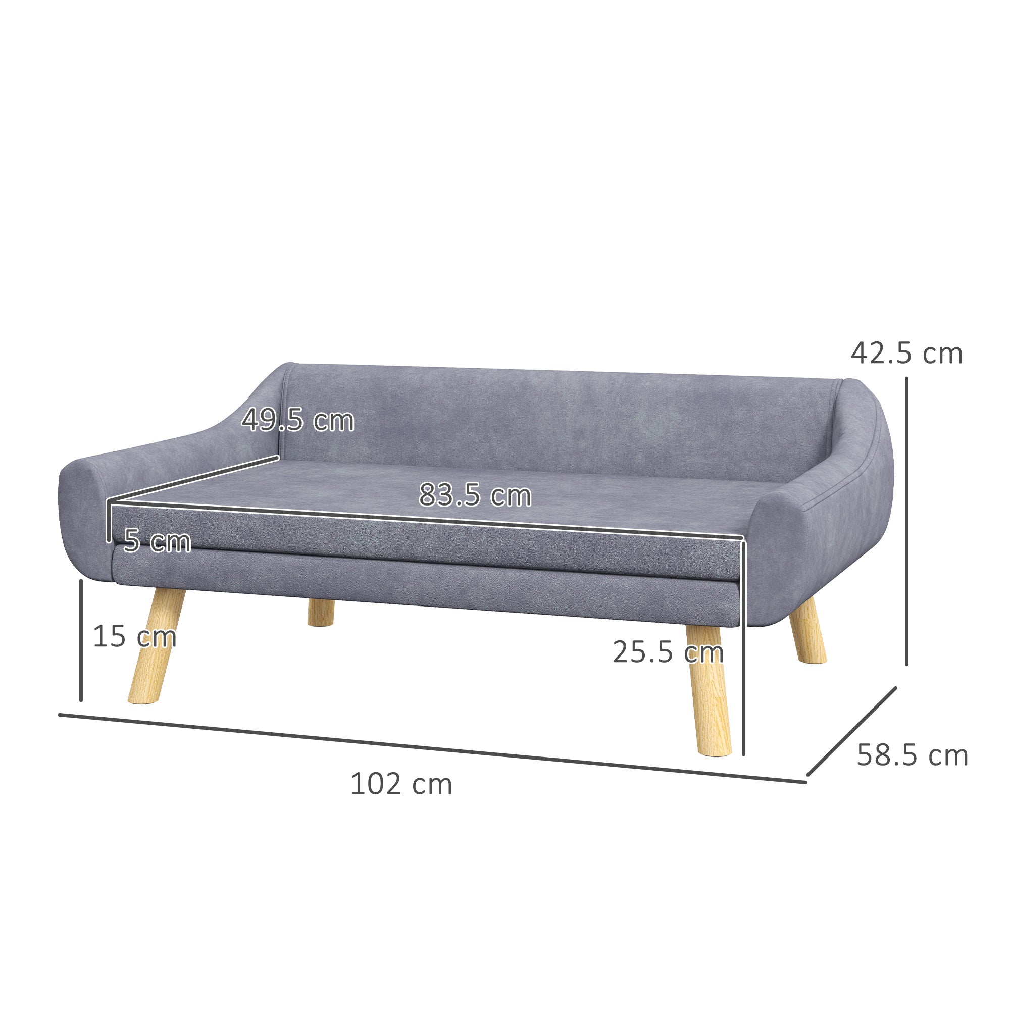 PawHut Dog Couch with Soft Cushion, Pet Sofa Bed with Wooden Frame, Removable Cover, for Medium and Large Dogs, Grey - North Peak Garden Furniture