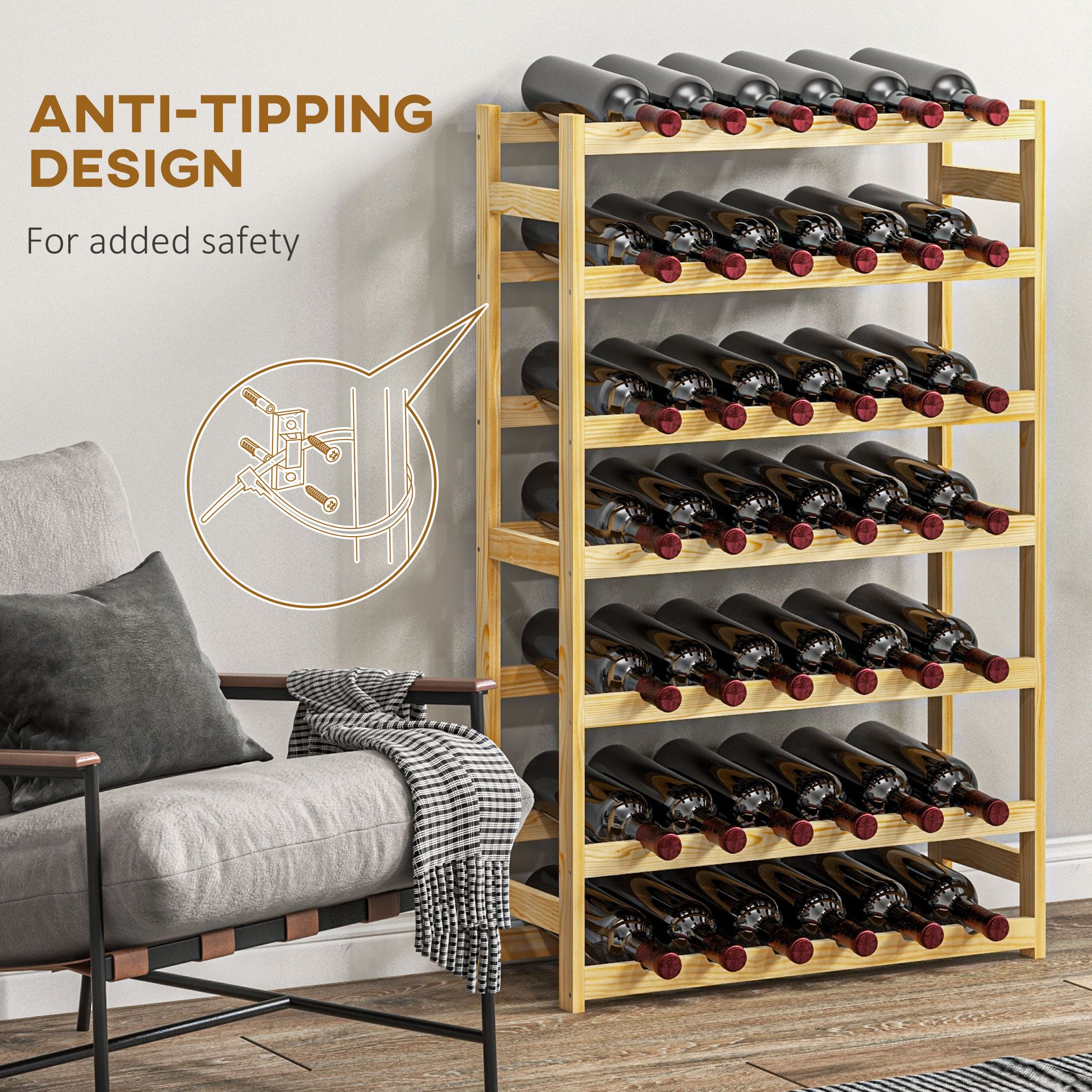HOMCOM 42-Bottle Wooden Wine Rack - Natural Finish - North Peak Garden Furniture