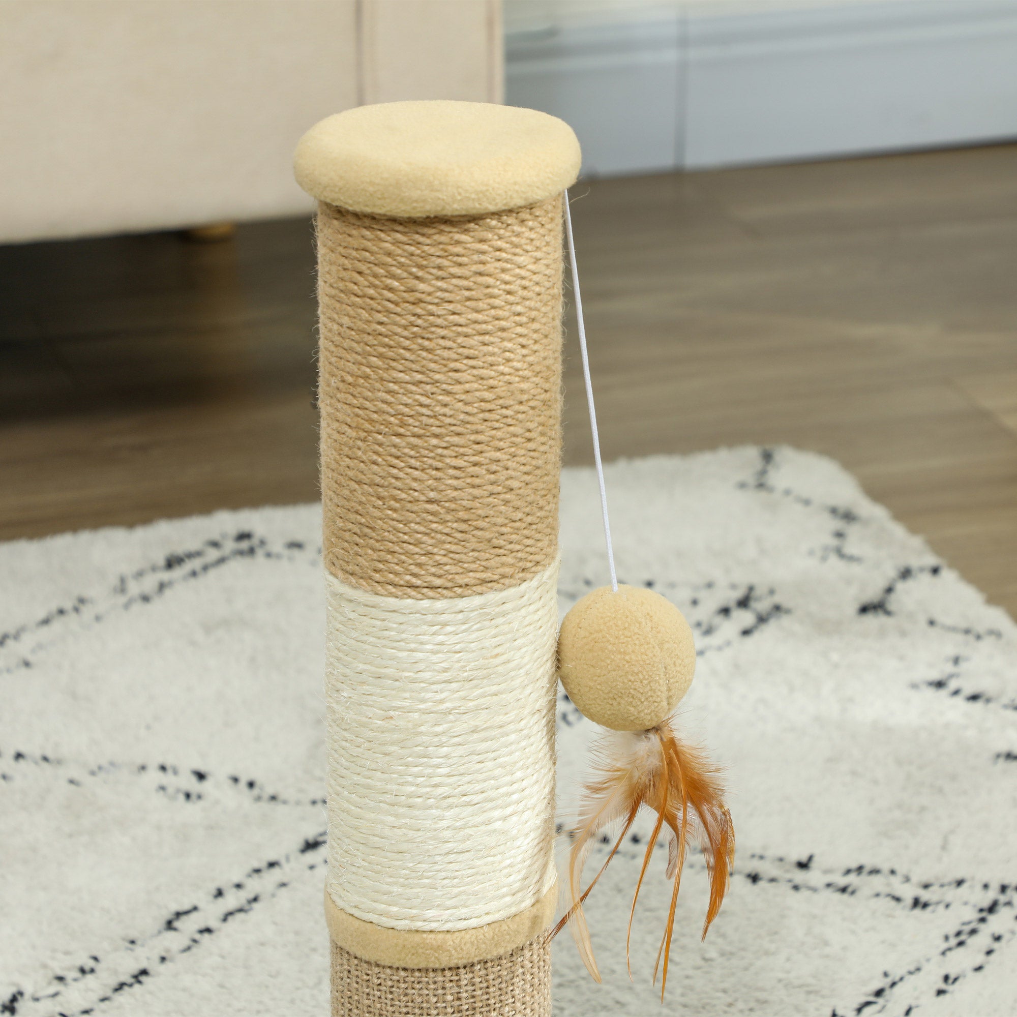 PawHut Cat Scratching Post for Indoor Cats, 47cm Tall Cat Scratcher with Jute Sisal Rope, Hanging Toy Ball, Feather, Brown - North Peak Garden Furniture