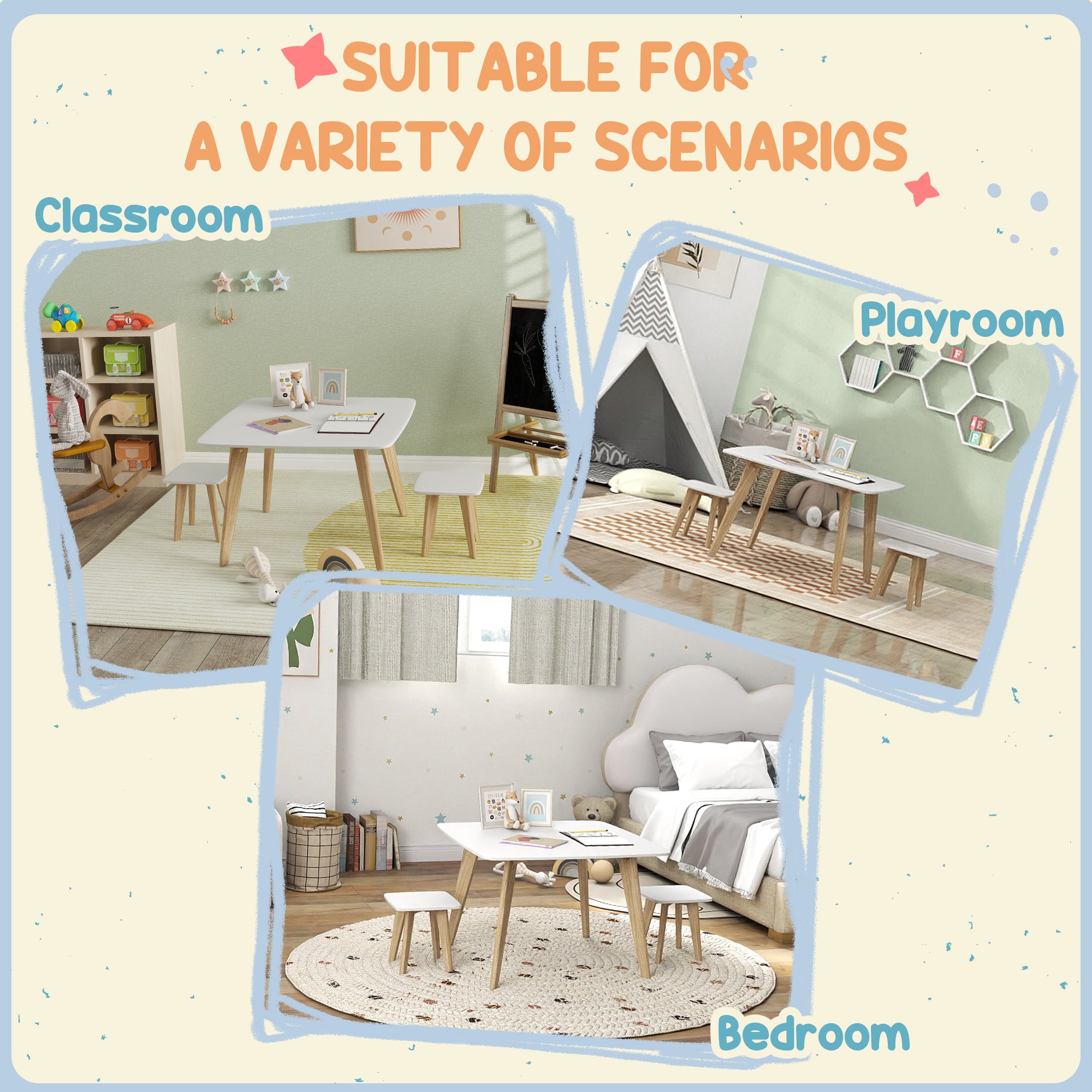 AIYAPLAY Kids Table and Chair Set, 3-Piece Toddler Furniture Set for Playroom, Bedroom, Ages 3-8 Years, White - North Peak Garden Furniture