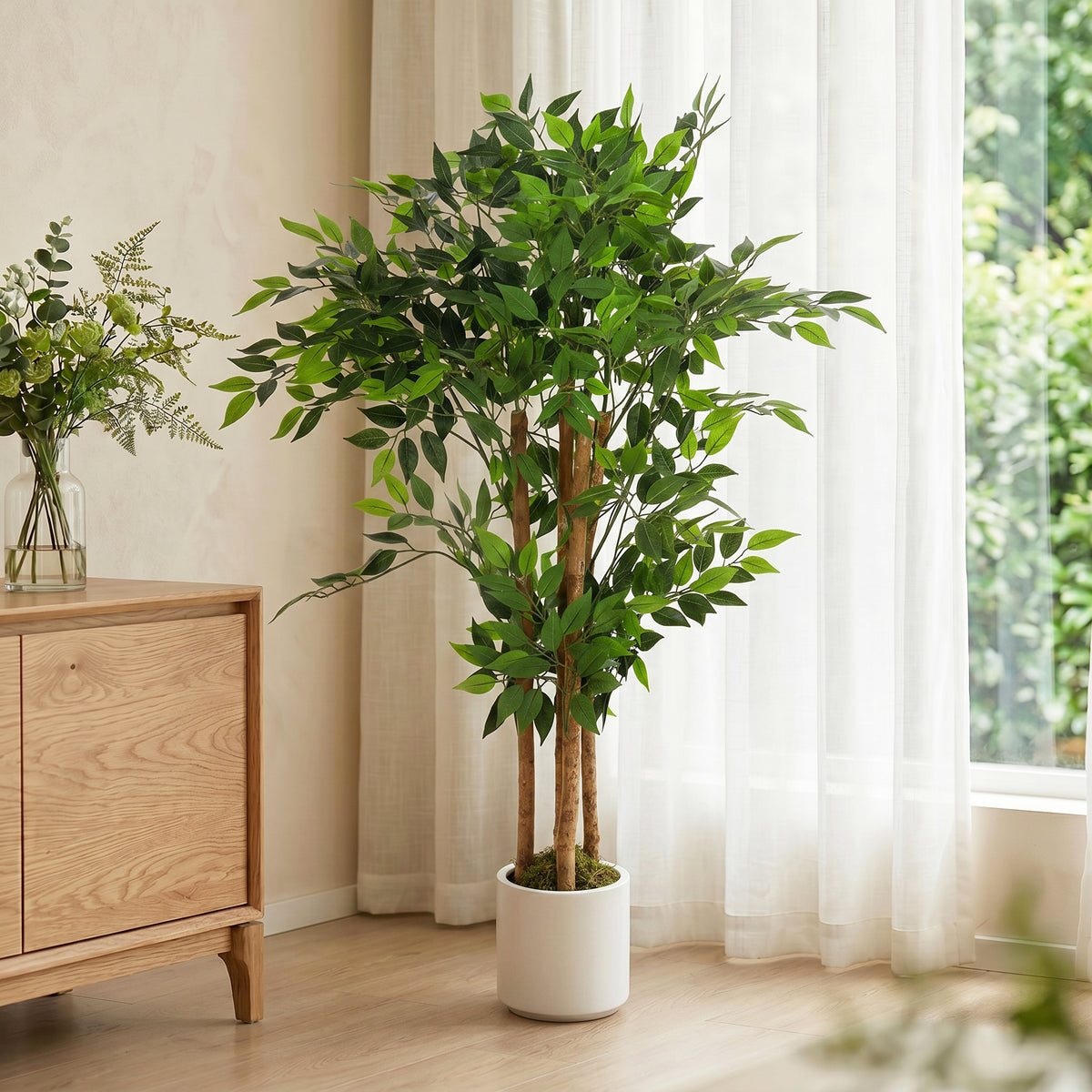 HOMCOM 120cm Artificial Ficus Tree, Fake Potted Tree with Solid Wood Trunk and Pot for Indoor, Green
