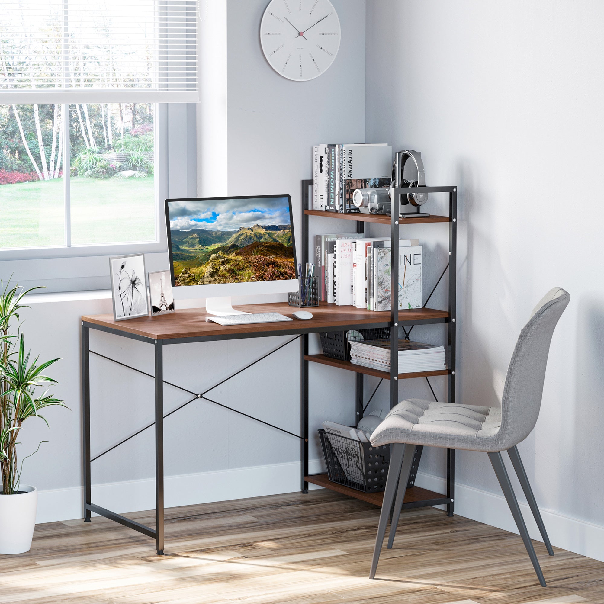 HOMCOM Computer Desk with Storage Shelves on Left or Right, Industrial Reversible Writing Desk for Home Office, Study, Easy Assembly, 120 x 64 x 121cm, Walnut and Black - North Peak Garden Furniture