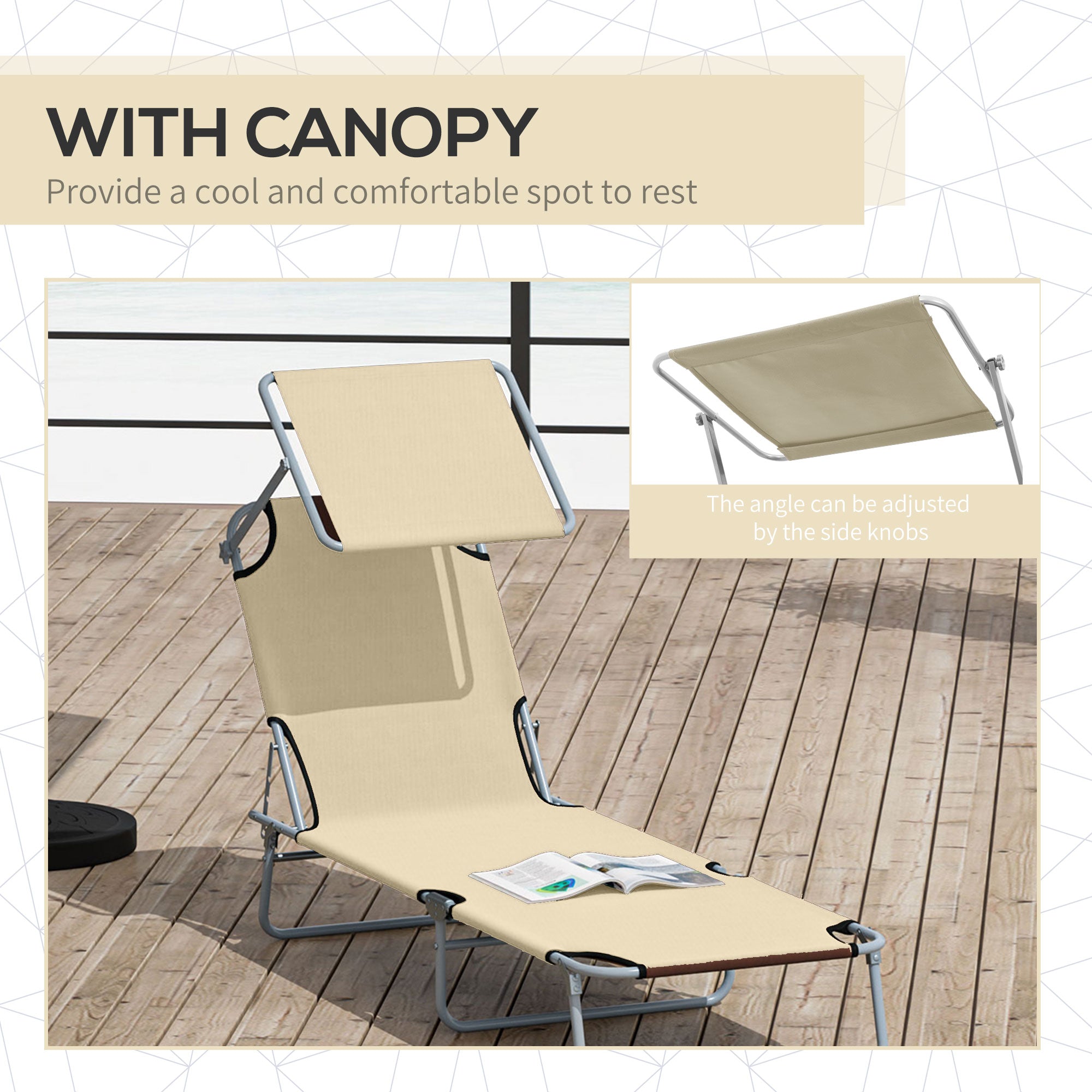 Outsunny Outdoor Foldable Sun Lounger, 4 Level Adjustable Backrest Reclining Sun Lounger Chair with Angle Adjust Sun Shade Awning for Beach, Garden, Patio, Beige - North Peak Garden Furniture