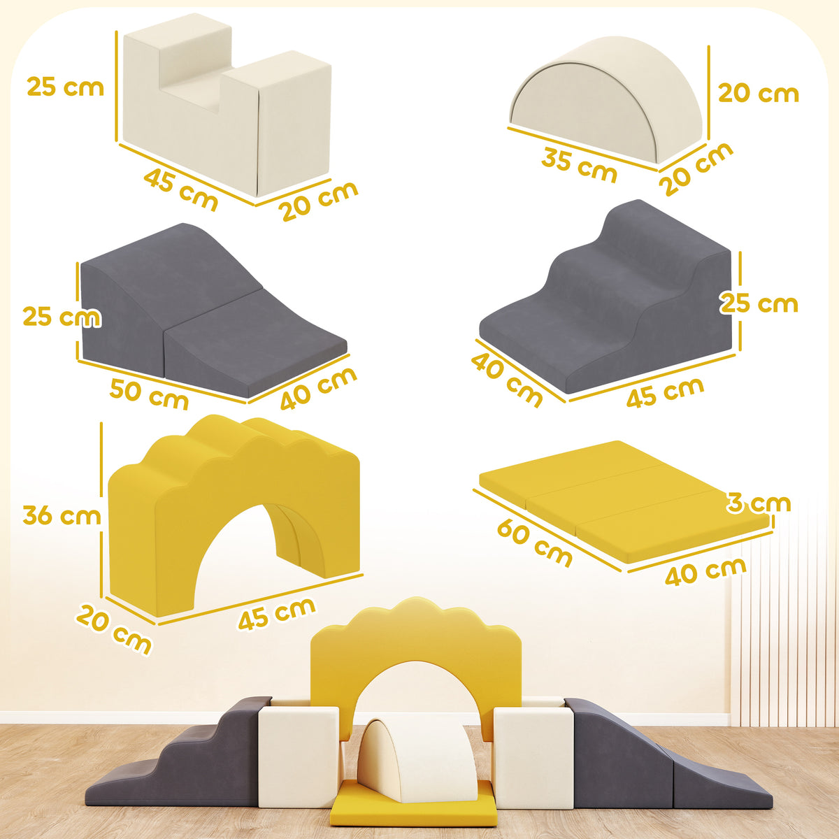 AIYAPLAY 7 Piece Kids Soft Play Set with Detachable Cover, Baby Indoor Climb and Crawl Foam Toy for Toddlers, Yellow