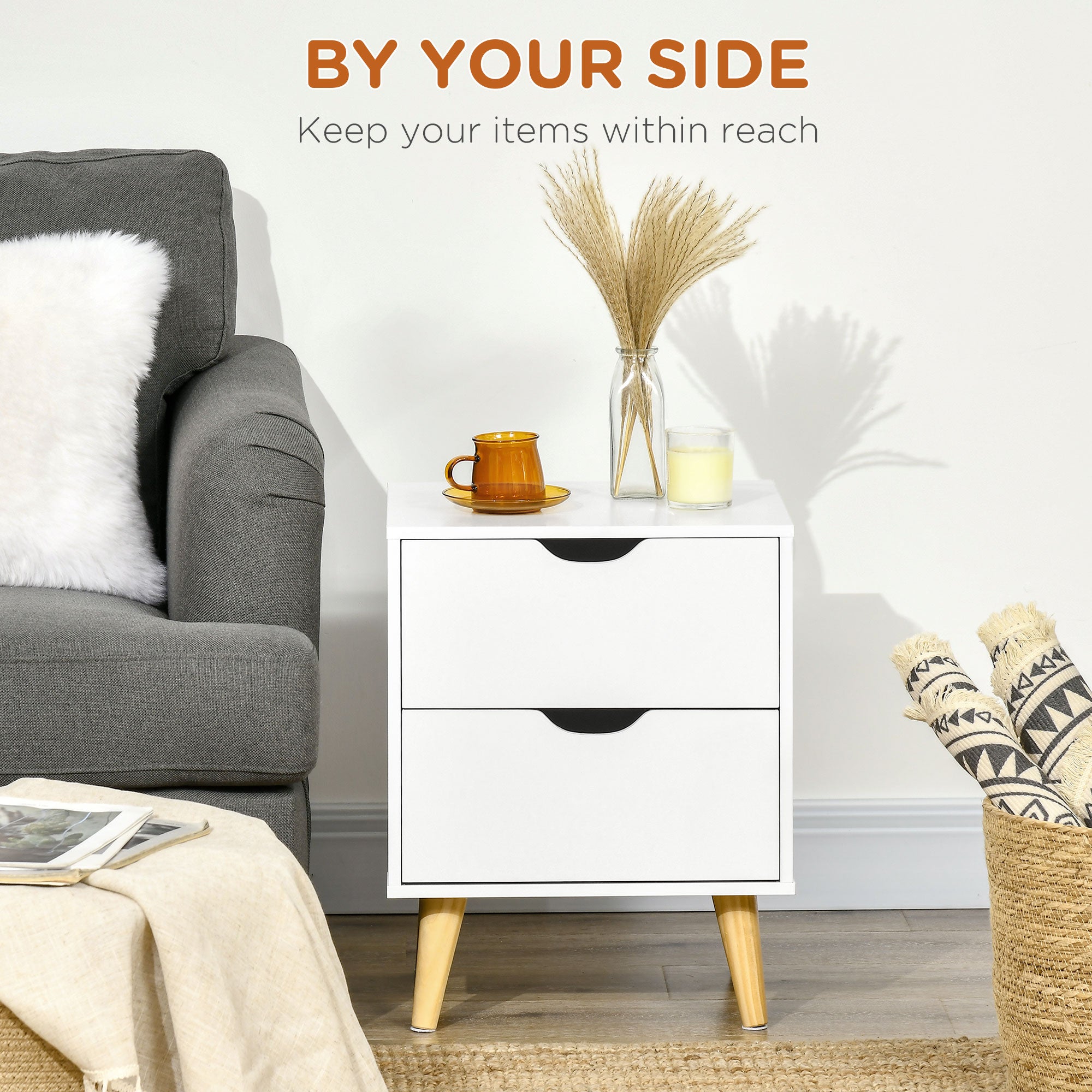 HOMCOM Bedside Table, Bedside Cabinet with 2 Drawers, Side End Table with Pine Wood Legs for Bedroom Living Room, White - North Peak Garden Furniture