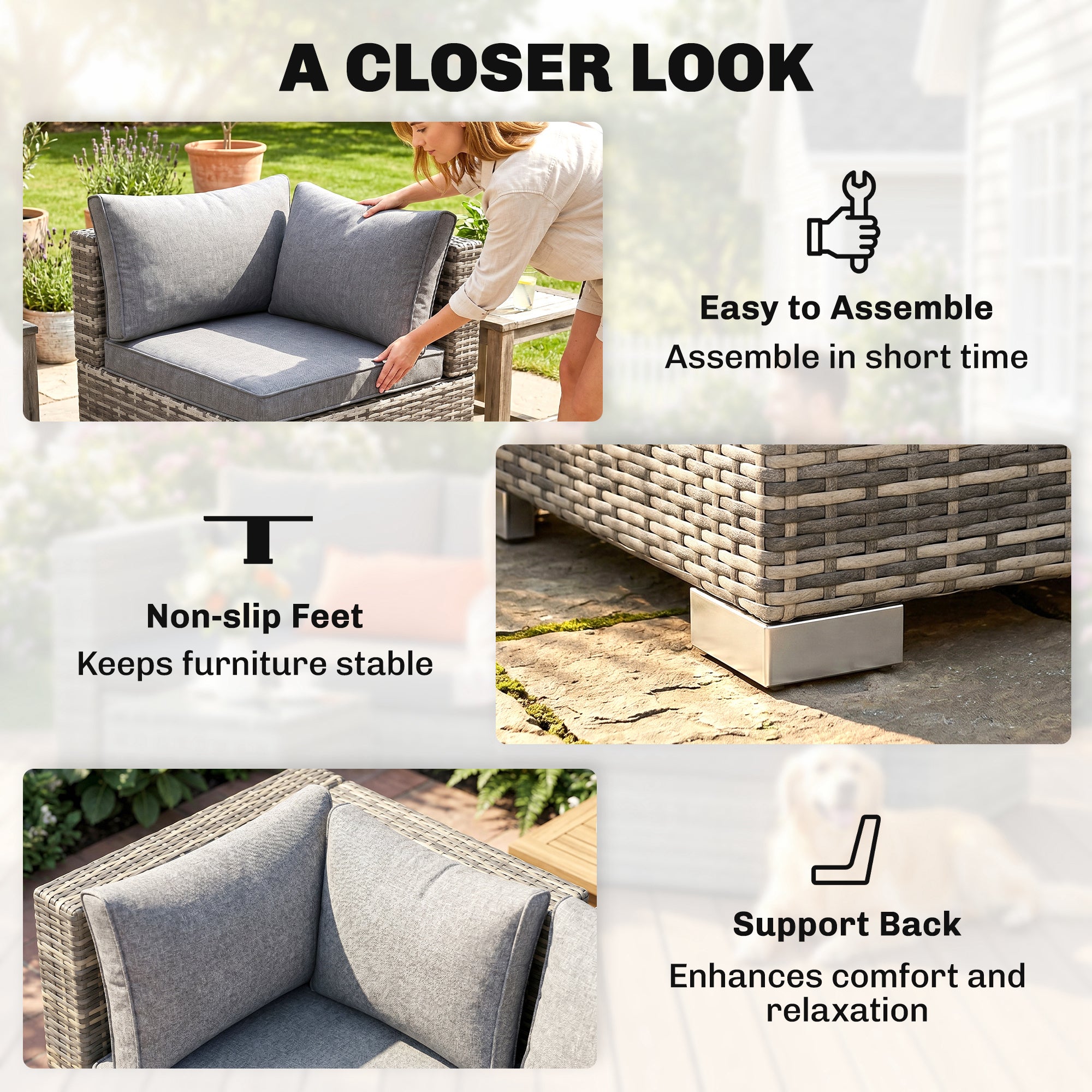 Outsunny Outdoor PE Rattan Corner Sofa, Garden Wicker Furniture Single Sofa Chair w/ Cushions, Light Grey