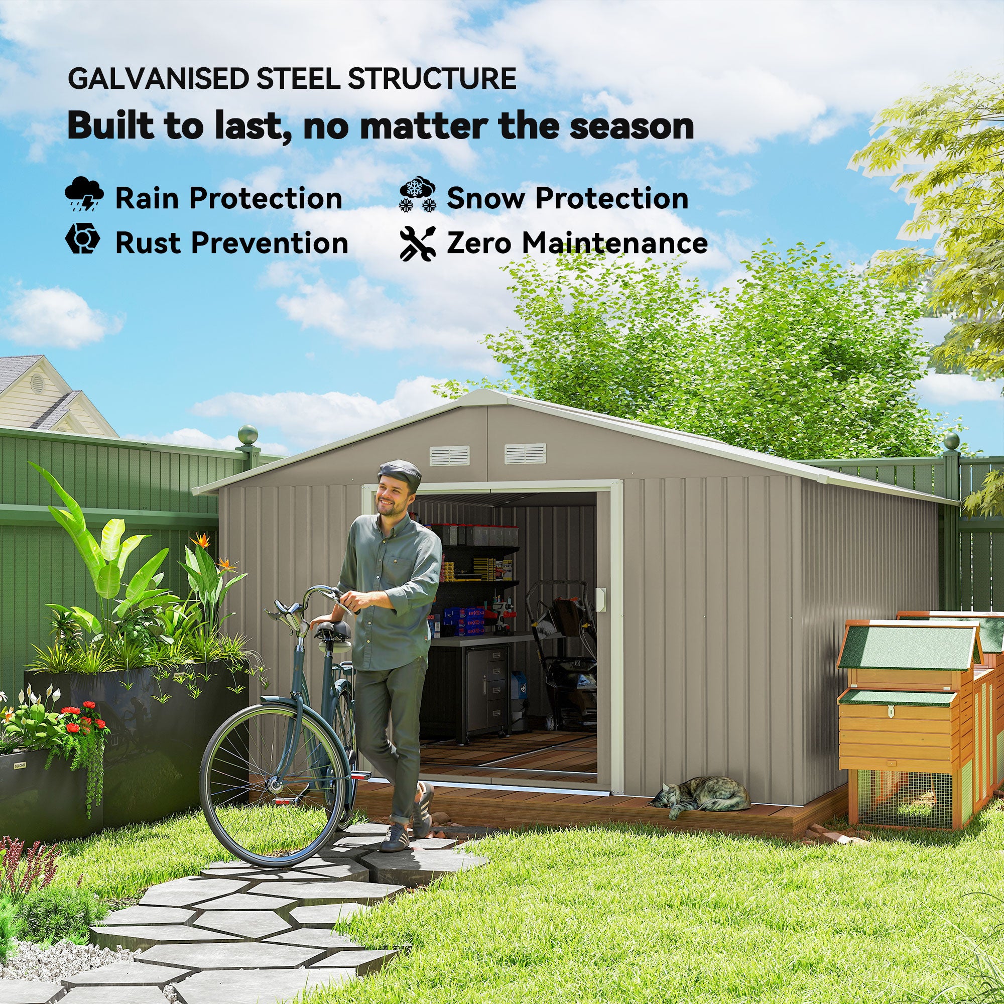 Outsunny 13 x 11ft Garden Metal Storage Shed Outdoor Storage Shed with Foundation Kit Ventilation & Doors, Light Grey