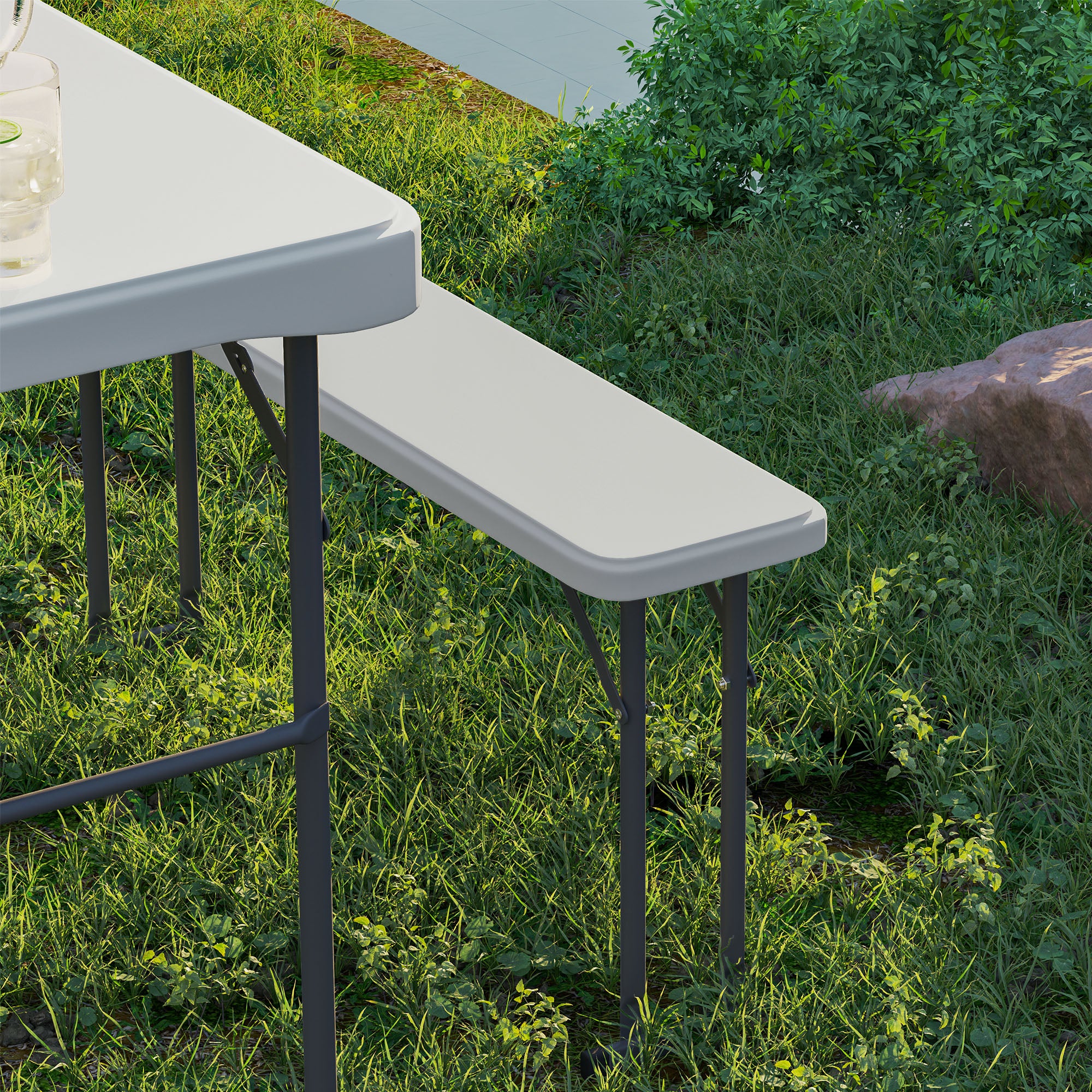 Outsunny 3 Piece 4ft Folding Picnic Table and Bench Set, Portable HDPE Camping Table and Chairs with Carrying Handle for Indoor Outdoor, Dining, Camping, Picnic, BBQ, Party, Light Grey - North Peak Garden Furniture