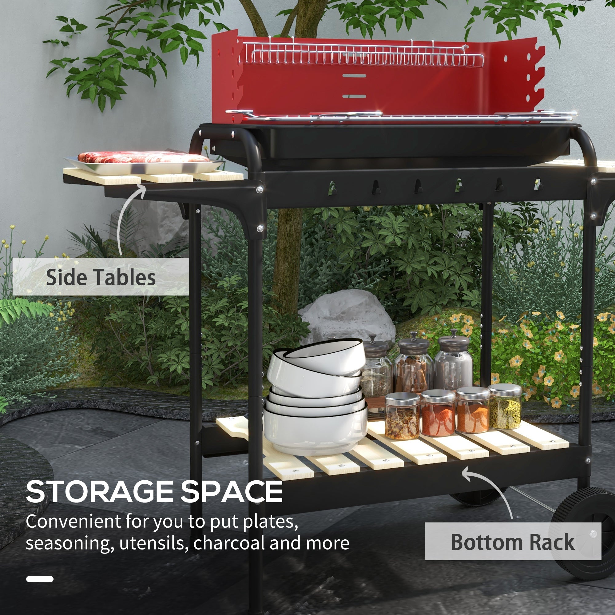 Outsunny Charcoal BBQ, with Five Position Grill Grate - Red - North Peak Garden Furniture