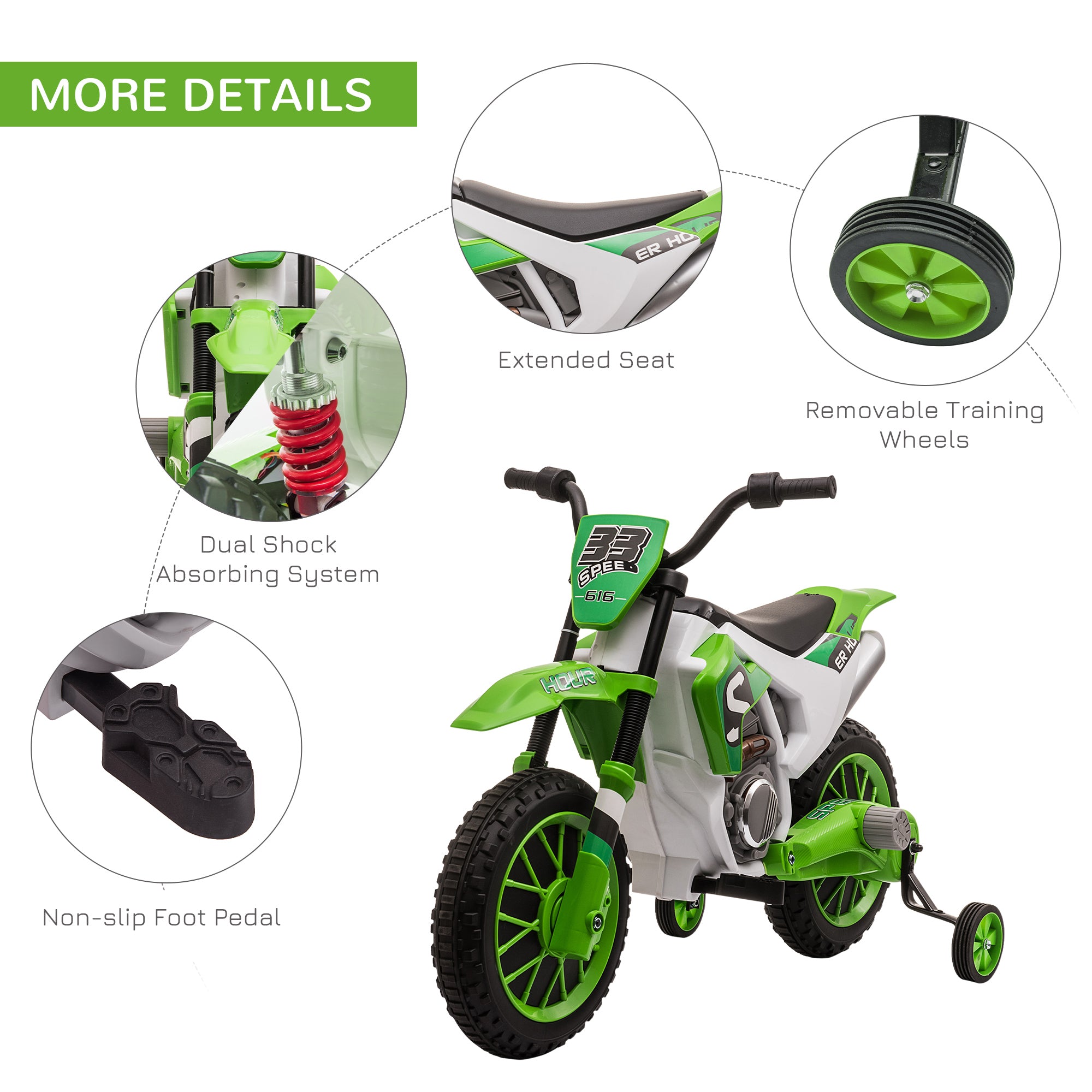 HOMCOM 12V Kids Electric Motorcycle Ride-On, with Training Wheels, for Ages 3-6 Years - Green - North Peak Garden Furniture