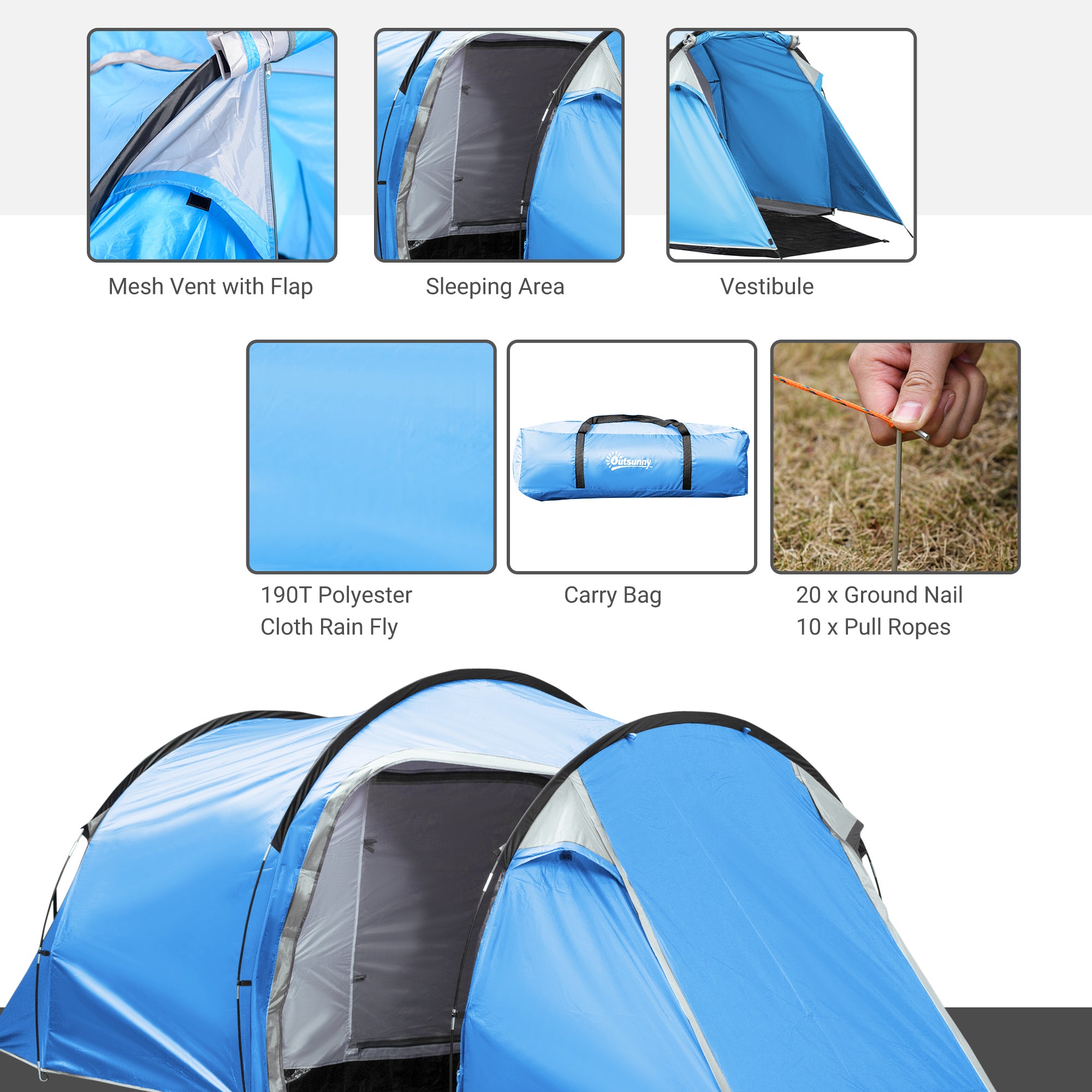 Outsunny 2-3 Man Tunnel Tents w/ Vestibule Camping Tent Porch Air Vents Rainfly Weather-Resistant Shelter Fishing Hiking Festival Shelter Home