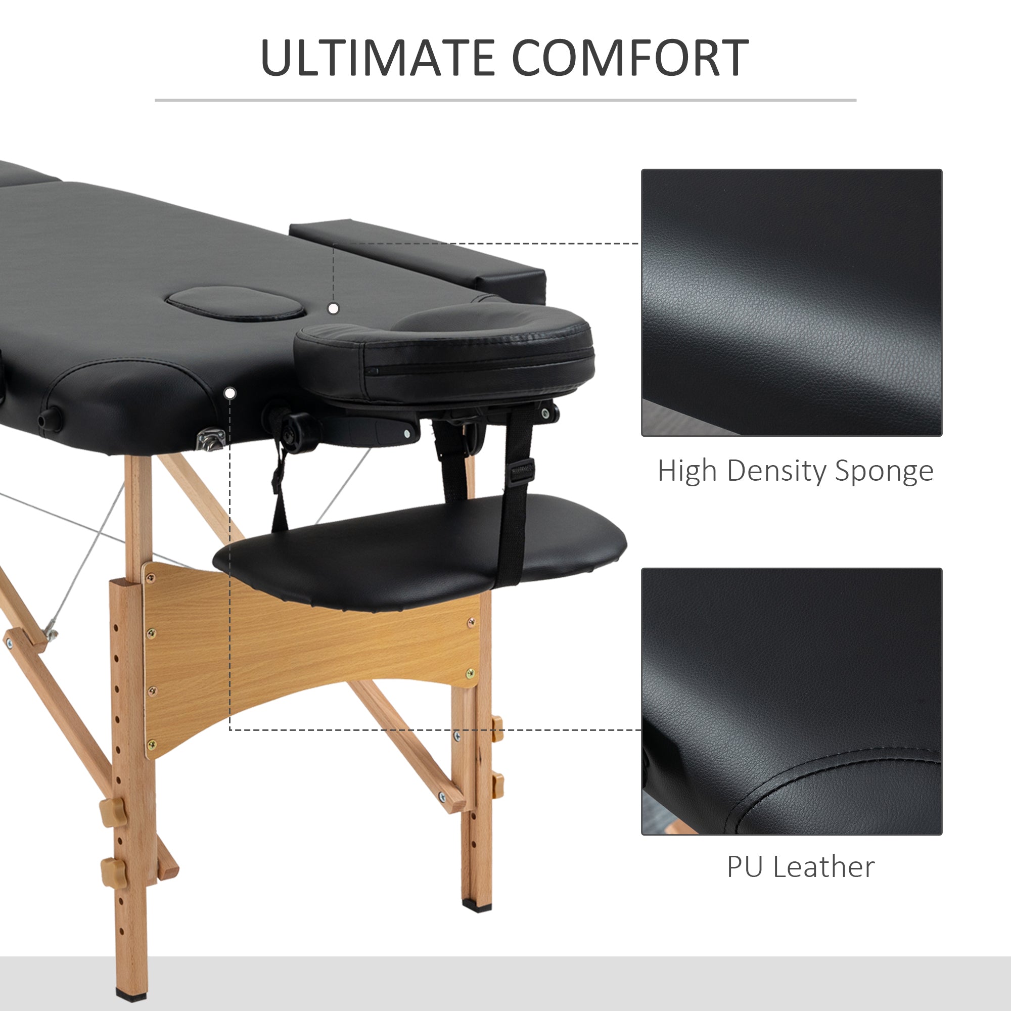 HOMCOM Portable Massage Bed, Folding Spa Beauty Massage Table with 2 Sections, Carry Bag and Wooden Frame, Black - North Peak Garden Furniture