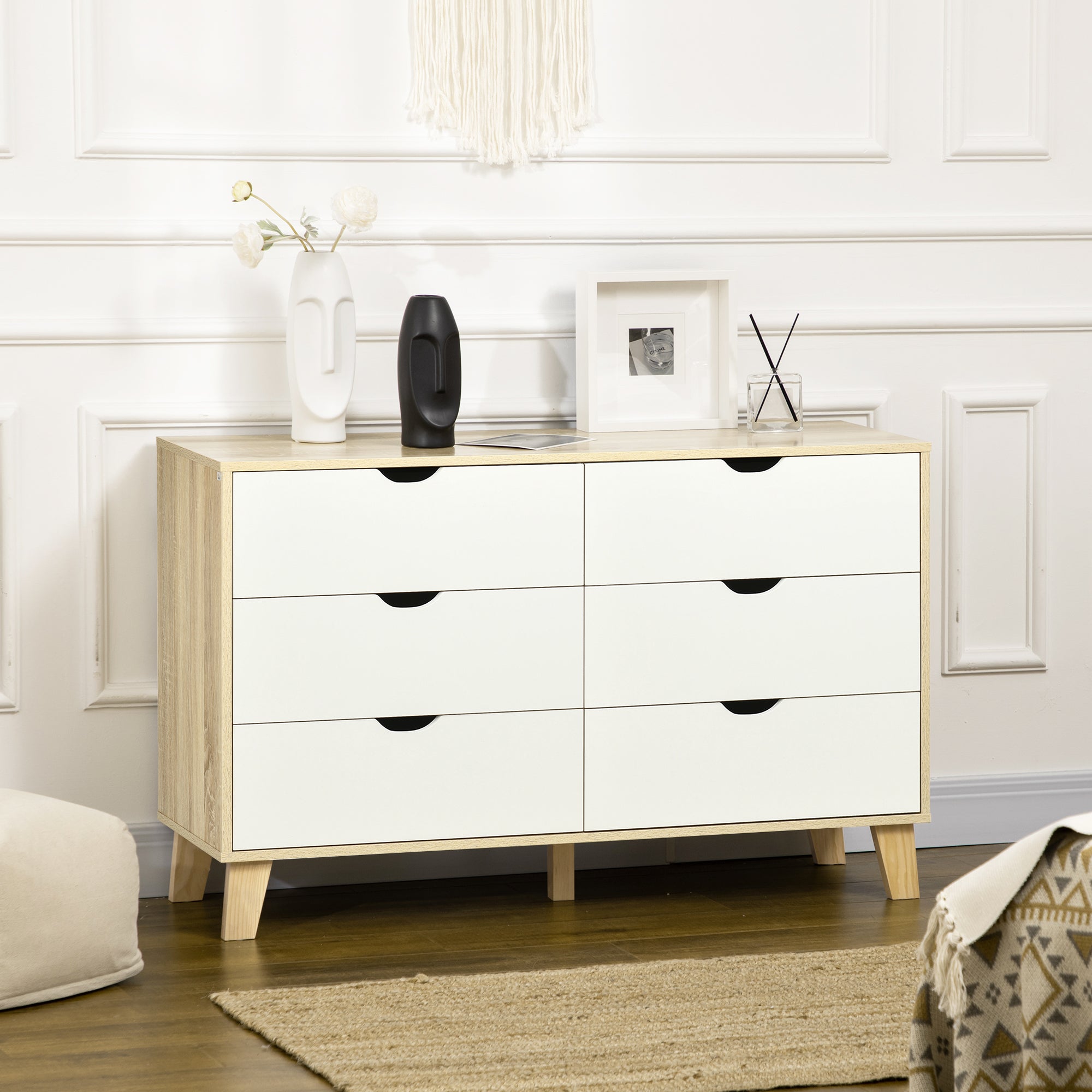 HOMCOM Bedroom Chest of Drawers, Wide 6-Drawer Dresser, Storage Drawer Unit with Wood Legs for Living Room, White and Light Brown - North Peak Garden Furniture