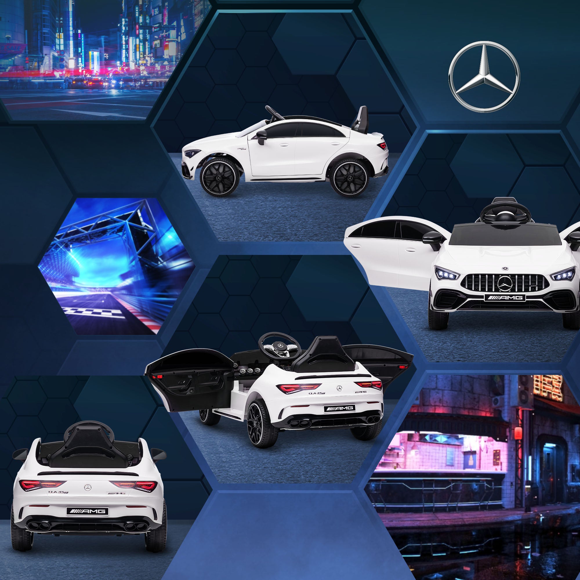 AIYAPLAY Mercedes-AMG CLA 45 Licensed 12V Kids Electric Car Ride on Car w/ Remote, Suspension Lights Music Horn - White - North Peak Garden Furniture